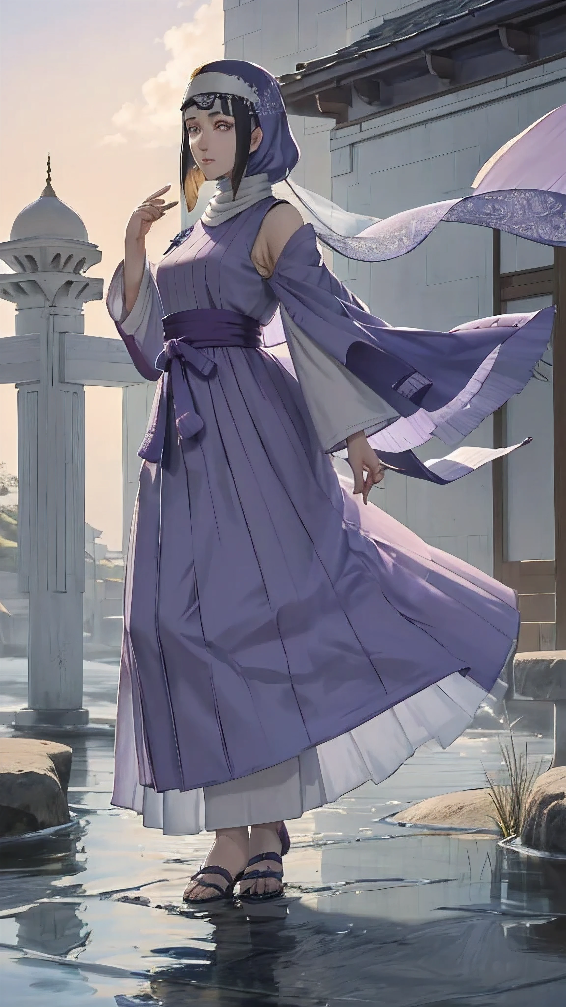 (masterpiece, top quality, best quality, official art, beautiful and aesthetic: 1.2), (1girl), (depicted as Hyuga Hinata from the anime Naruto), (long dark blue hair, cascading down her shoulders), (styled with white eyes, distinctive of her Byakugan heritage), (beautiful, with expressive features and captivating charm), (clad in purple clothes, traditional to Muslim attire), (wearing a mukena, intricately designed and flowing), (head adorned with a hijab, adding a layer of cultural authenticity), (set against a serene mosque background), (ultra-detailed, every fiber