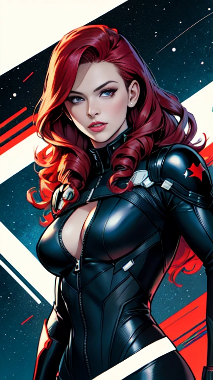 masterpiece,very sharp image,(((The Perfect One Woman))),(((one person))),retro space futurism, beautiful detailed face,blackwidow, marvel comics, hi-tech armor over black latex catsuit, mid shot destance, long red curly hair,in deep space, with several planets and suns in the background, Excellent sense,medium breasts,cleavage,American Comics,colorful,highly detailed body,