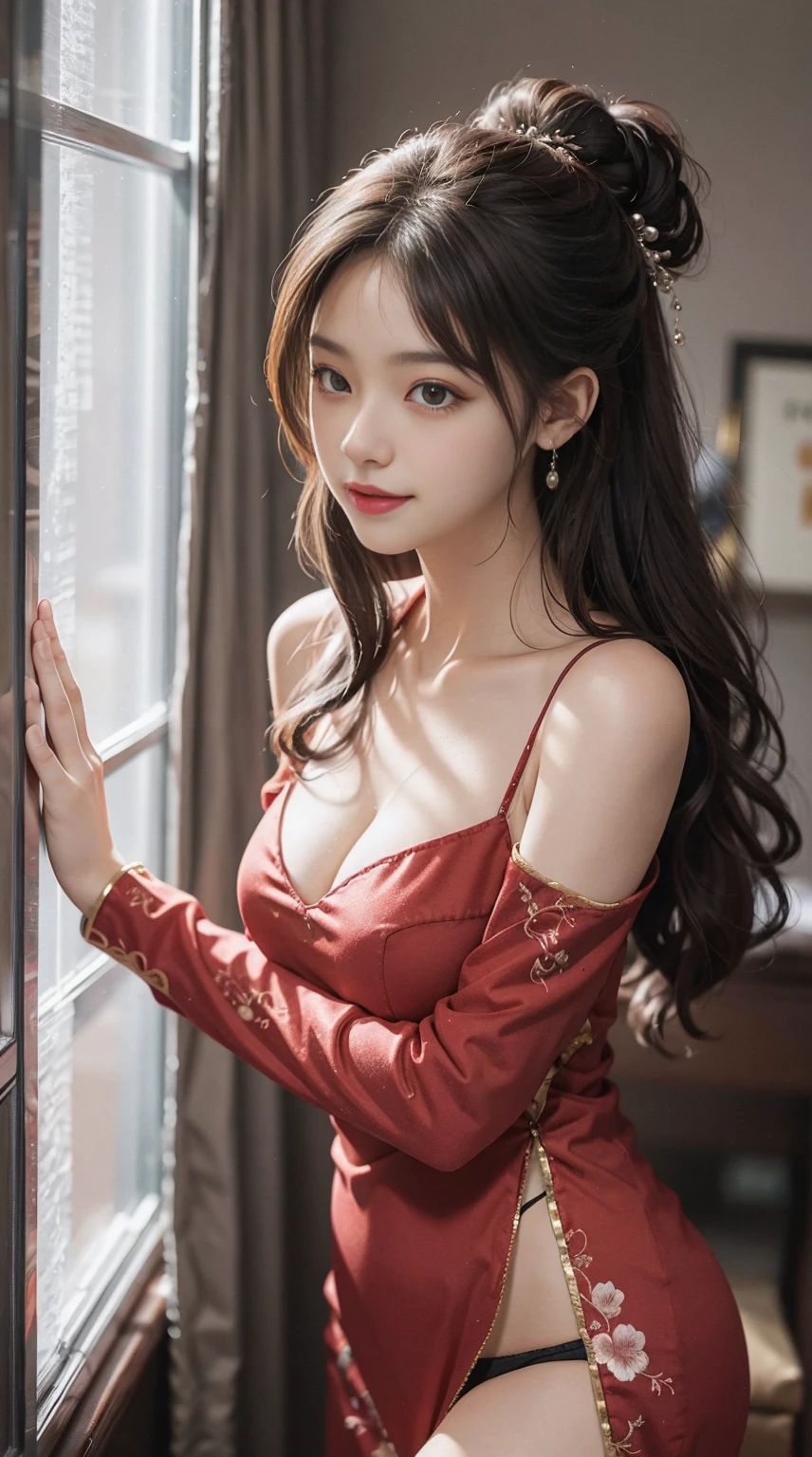 （From the outside） （Glossy skin color，The best quality in the best condition，masterpiece，Photo - Real 16K，Intricate details，RAW Photos，court，（Gorgeous Black or、Wine red Chinese dress），Super long hair，Cropped shoulders，Delicate face，Exposing cleavage，Decorations，Standing by the window，（No underwear is worn with a Chinese dress），（Sexy Clothing，ゴージャスなゴールドDecorations），（Boldly exposing her thighs），Close-up from a slight angle，（Looking into the camera、Your smile is cute）、（Big eyes and a beautiful face）