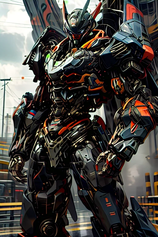  This is a black and gray Iron Man jacket. It's designed for speed and maneuverability. It has a flying machine on its back and a gray helmet.