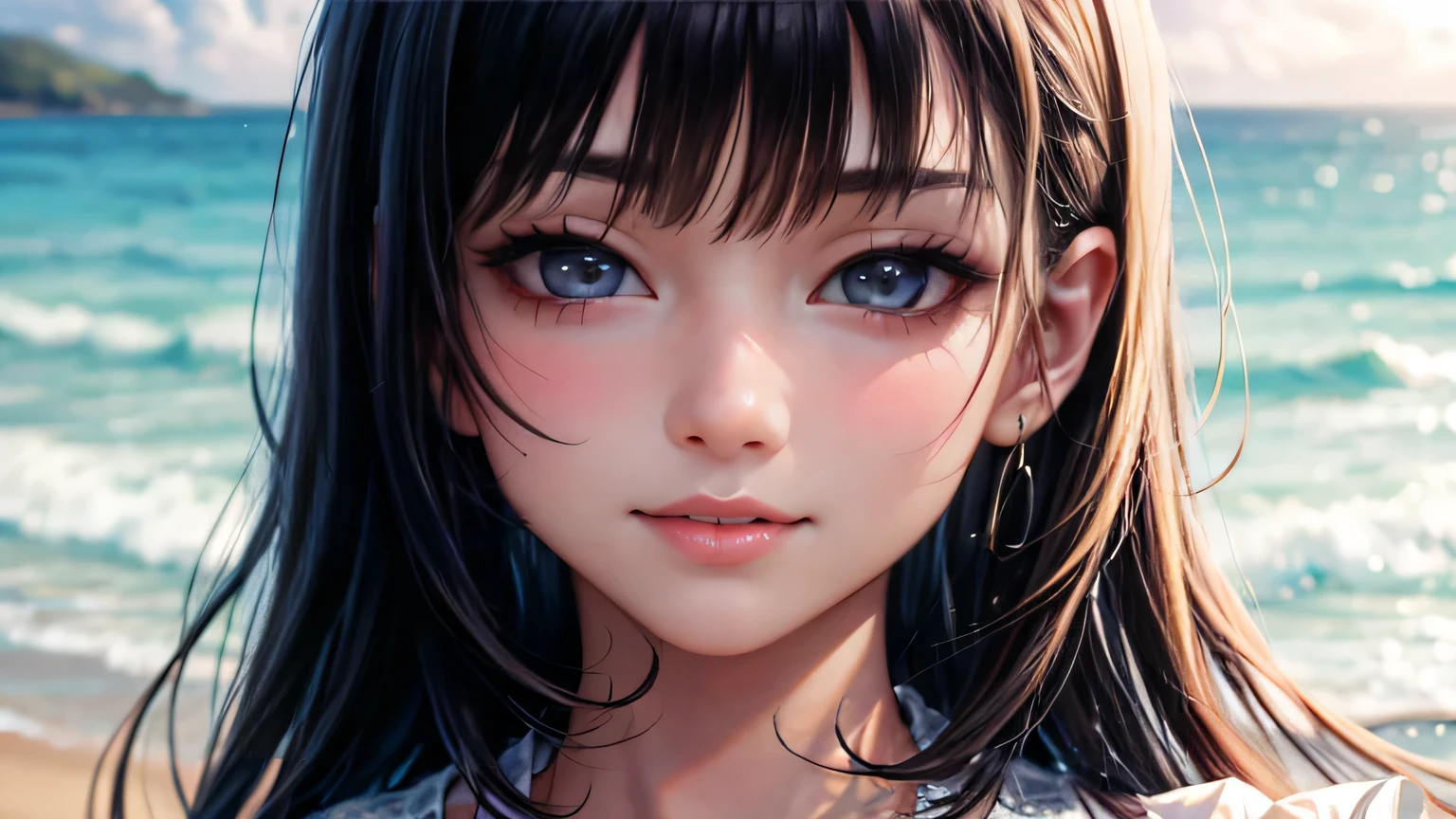 ,Ultra-high resolution, Accurate, Super detailed, Textured skin, High detail, highest quality, 8k,Thin bangs, Detailed Hair,Detailed eyes,Focus on the face,Honors Type, Really blushing, 17 years old, Girl in a see-through white dress, barefoot, smile, In a dress, Cute waifu in a nice dress, Dress up my darling, pretty girl, Young girl, beautiful girl, beach,coastal,Asahi, Dramatic lighting, squat,