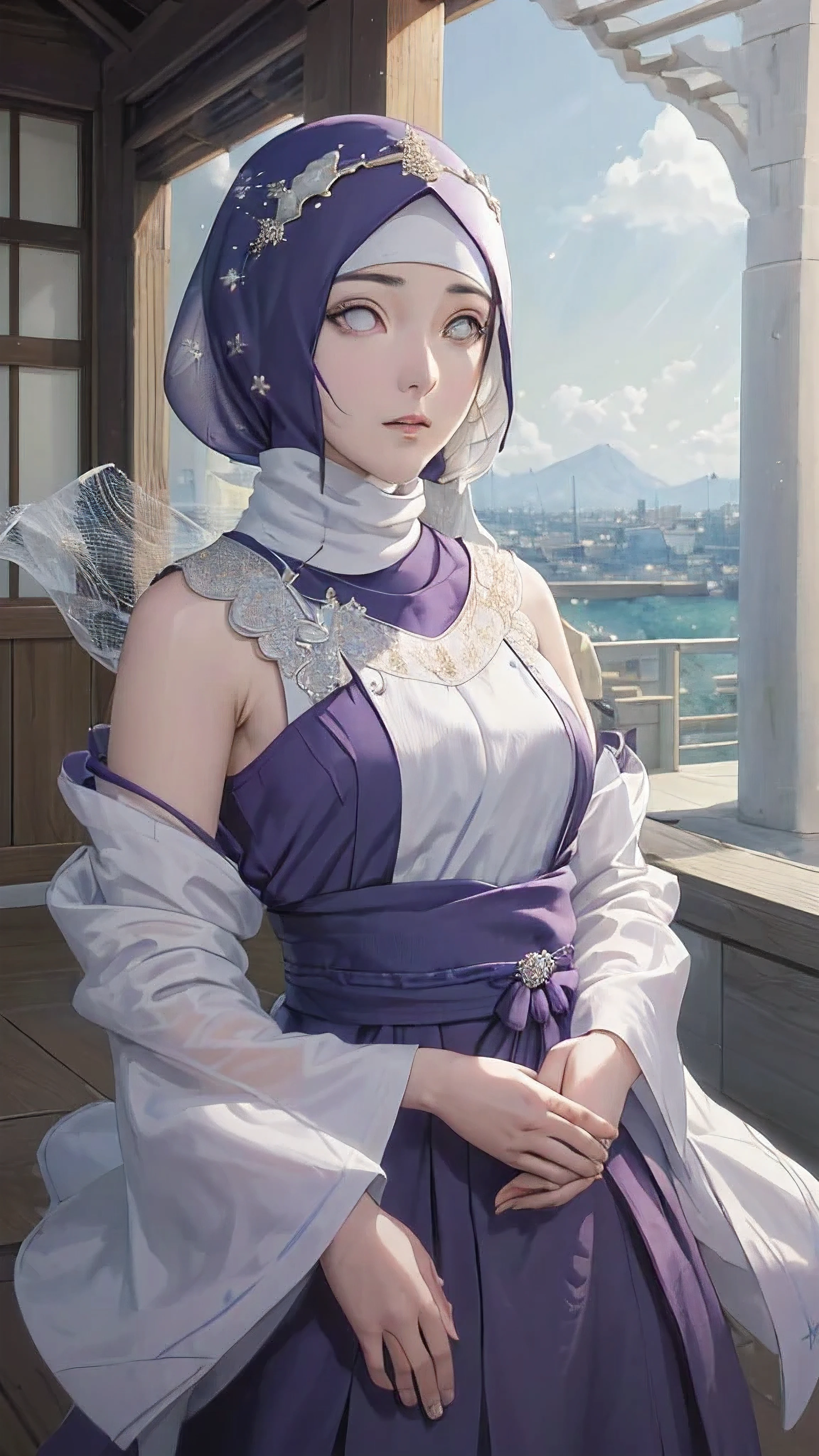 (masterpiece, top quality, best quality, official art, beautiful and aesthetic: 1.2), (1girl), (depicted as Hyuga Hinata from the anime Naruto), (long dark blue hair, cascading down her shoulders), (styled with white eyes, distinctive of her Byakugan heritage), (beautiful, with expressive features and captivating charm), (clad in purple clothes, traditional to Muslim attire), (wearing a mukena, intricately designed and flowing), (head adorned with a hijab, adding a layer of cultural authenticity), (set against a serene mosque background), (ultra-detailed, every fiber
