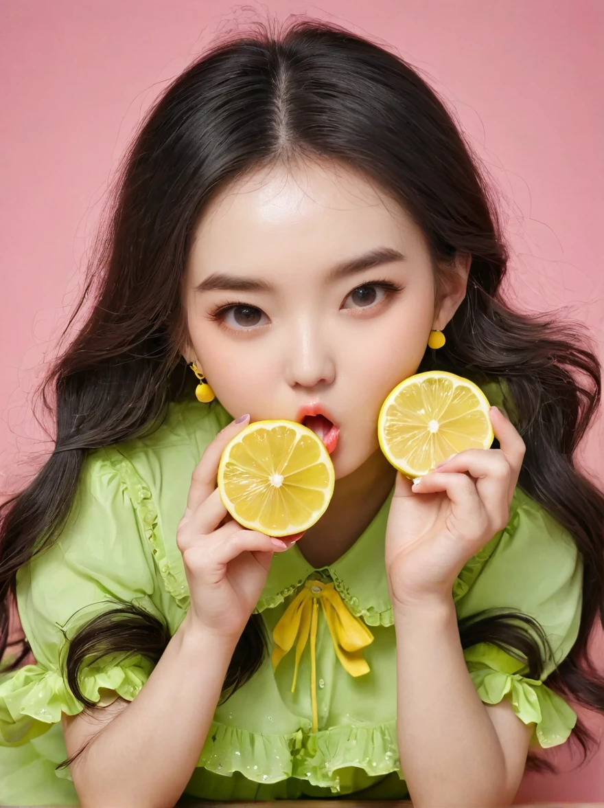 Eat lemons挑战，girl，Eat lemons，Sour expression，Slobber