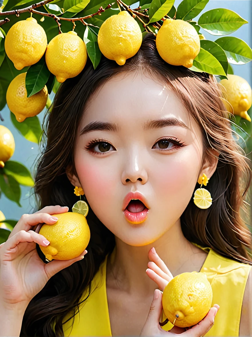 Eat lemons挑战,girl,Eat lemons,Sour expression,Slobber