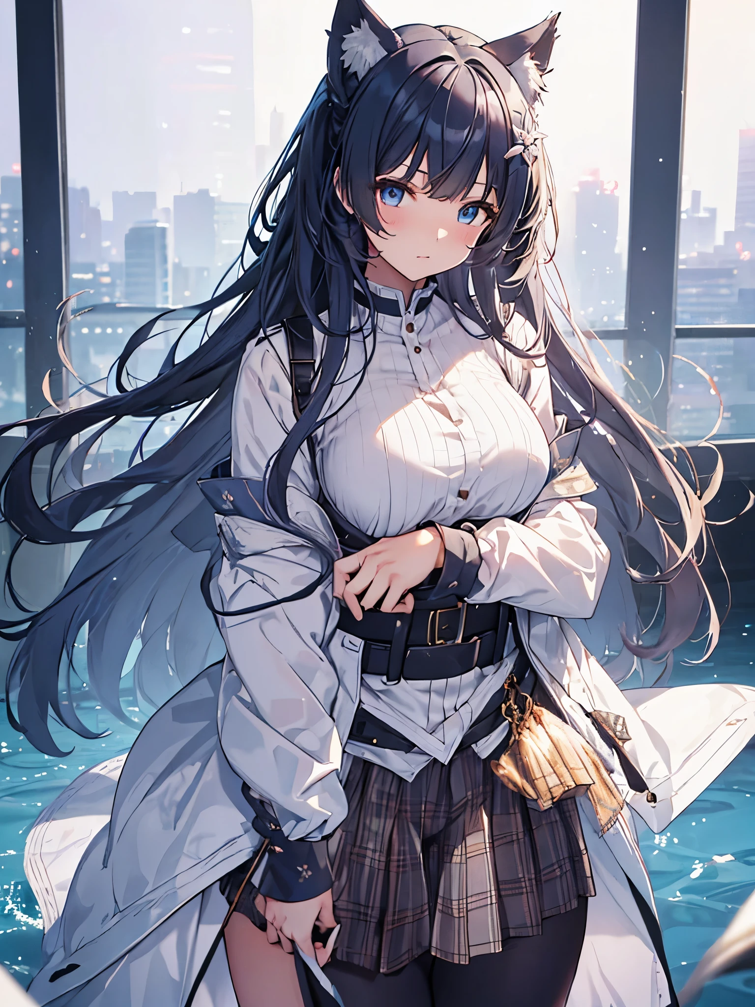 ((masterpiece))、((highest quality))、((Super Resolution))、(Very beautiful and detailed)、Official Art、24k、Very detailed、Sharp focus、Very simple background、Smooth anime CG art、Azur Lane Style、Girls Frontline Style、Cute Girl Anime Visual、photo shoot:1.55、Less exposure of the body:1.3、Close to the audience:1.3、View your viewers、The straight line distance between her and the viewer is 40cm..)、Light from above at an angle、Soft Light、one person:1.3、young woman、 Ideal body type、Perfect waist、Big Breasts、Bust 87、White skin、Bright makeup、Wolf Ears、High Ponytail、Dark blue hair、Hair that shines in natural light、Messy Hair、Ahoge、hair ornaments、Long eyelashes、Clear bright blue eyes、Shining Eyes、Glowing Eyes、gray theme、A simple white t-shirt、Plaid、skirt、belt、No bra、No pants、No underwear、blush、sexual excitement、Wet、sexy:1.3、sexyポーズを決める、very cute