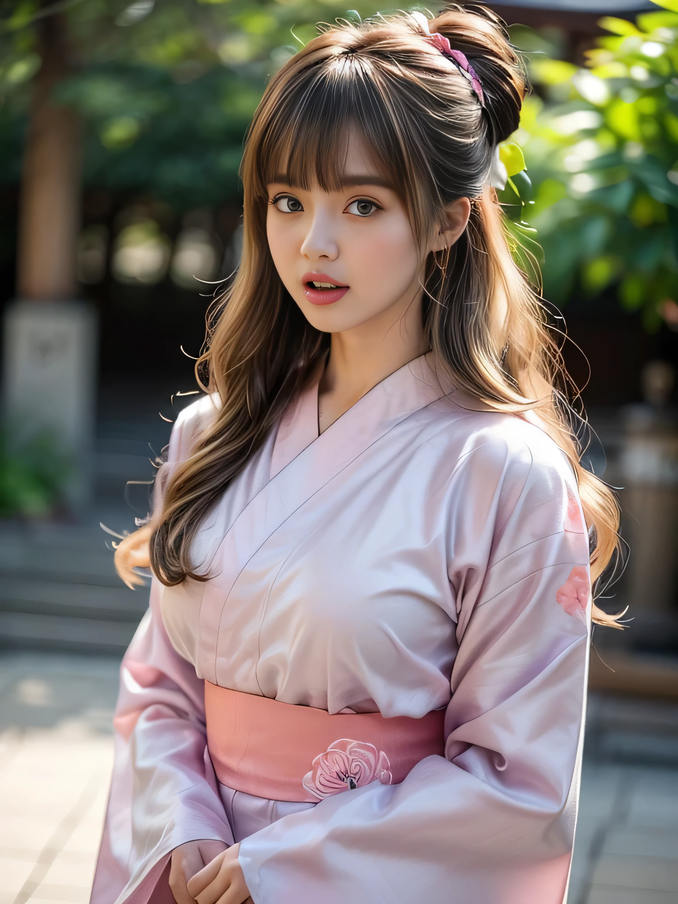 19 years old child, (wearing a pink yukata:1.2), (The yukata has flower-patterns on it:1.2), big round breast, ((updo hairstyle, Dark blonde hair, wavy hair, long hair, asymmetric bangs:1.2)), (tongue out:1.3), (blush:1.3), (photorealistic:1.2), (ultra realistic:1.3), (very detailed:1.1), ((masterpiece)), depth of field, Fushimi Inari Taisha, (looking at viewer)
