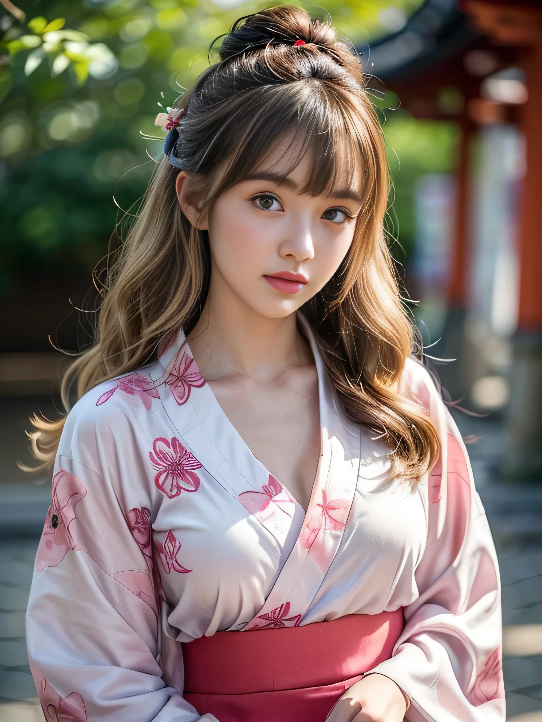 19 years old , (wearing a pink yukata:1.2), (The yukata has flower-patterns on it:1.2), big round breast, ((updo hairstyle, Dark blonde hair, wavy hair, long hair, asymmetric bangs:1.2)), (happy:1.3), (blush:1.3), (photorealistic:1.2), (ultra realistic:1.3), (very detailed:1.1), ((masterpiece)), depth of field, Fushimi Inari Taisha, (looking at viewer)