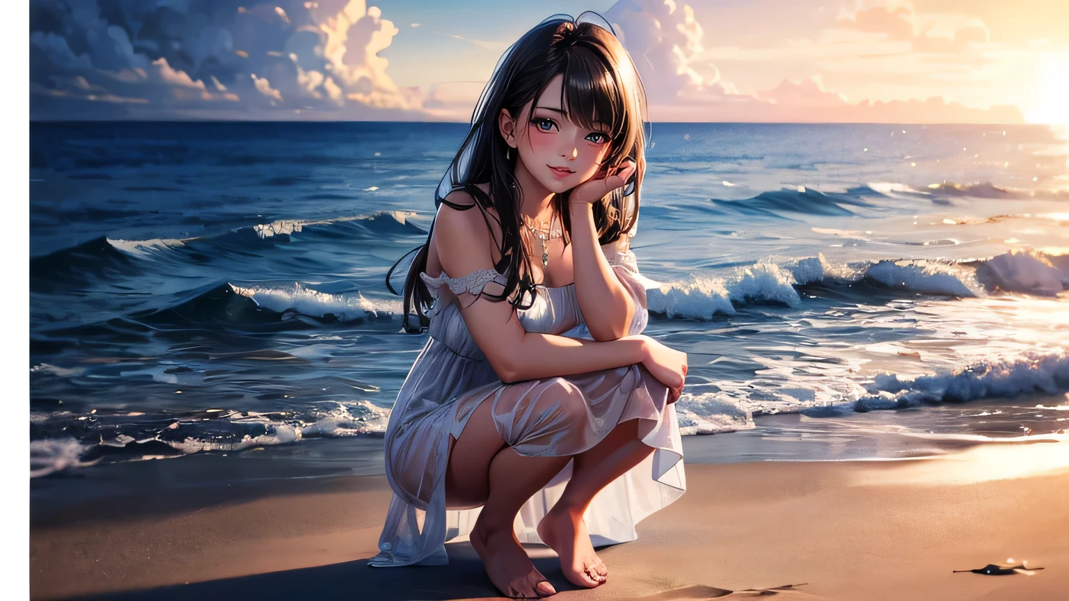 ,Ultra-high resolution, Accurate, Super detailed, Textured skin, High detail, highest quality, 8k,Thin bangs, Detailed Hair,Detailed eyes,Honors Type, Really blushing, , Girl in a see-through white dress, barefoot, smile, In a dress, Cute waifu in a nice dress, Dress up my darling, pretty girl, Young girl, beautiful girl, beach,coastal,Asahi, Dramatic lighting, squat,