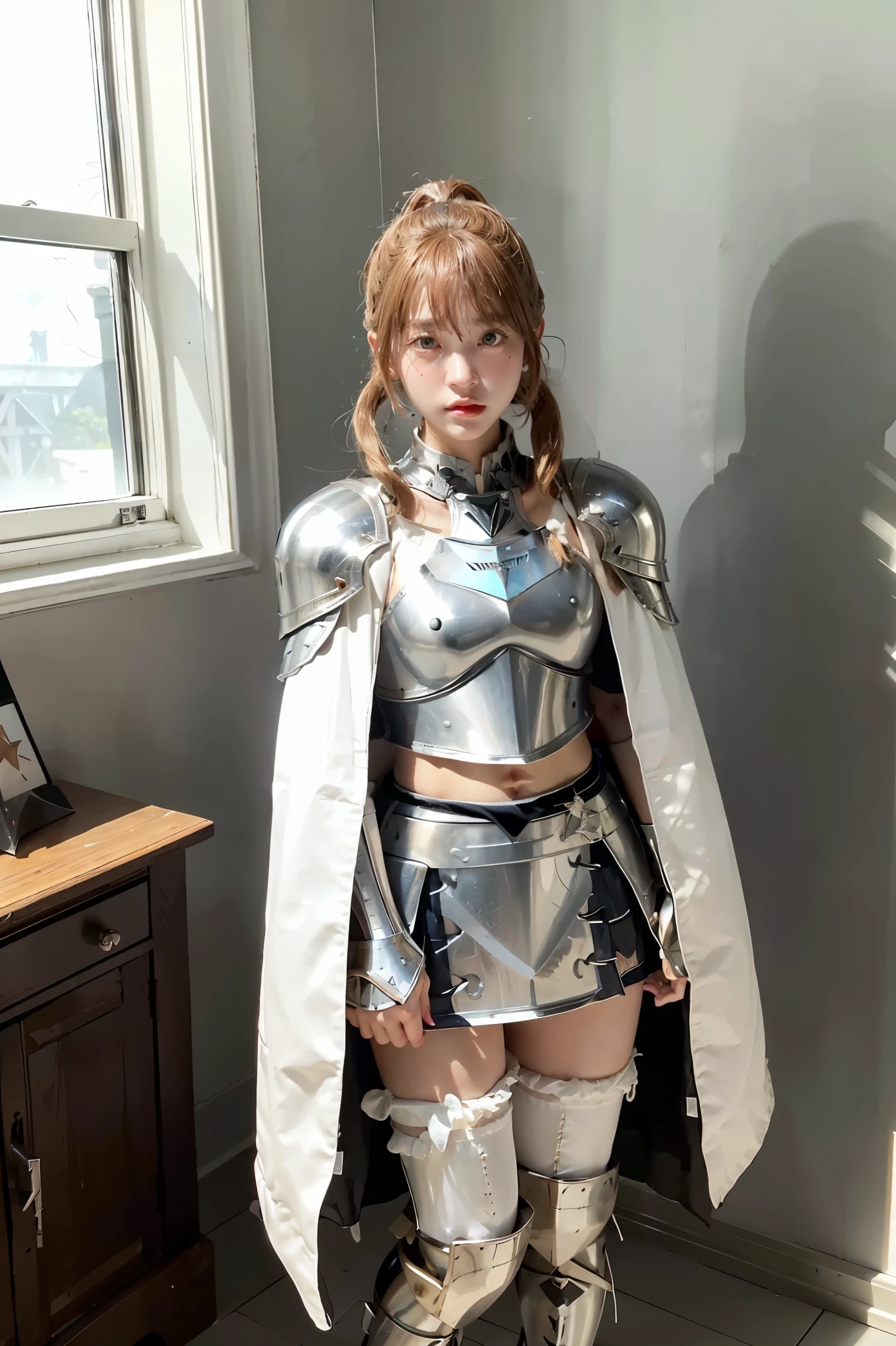 asuna, asuna_(sao), (1girl,solo) ,fantasy, highres, 19 yo, original, (wear in a sheath on waist:1.3), smile, (white knight wizard long cape:1.5), short hair, medium breasts, looking at viewer, bangs ,detailed hazel brown eyes, beautiful background, ((morning sun,Western-style private room)), hands on the chest,(brown hair,short ponytail:1.5), (platinum knight wizard full armor:1.55),short hair, standing,straight-on, abec,(full body:1.1), white thighhighs,(abec:1.4),