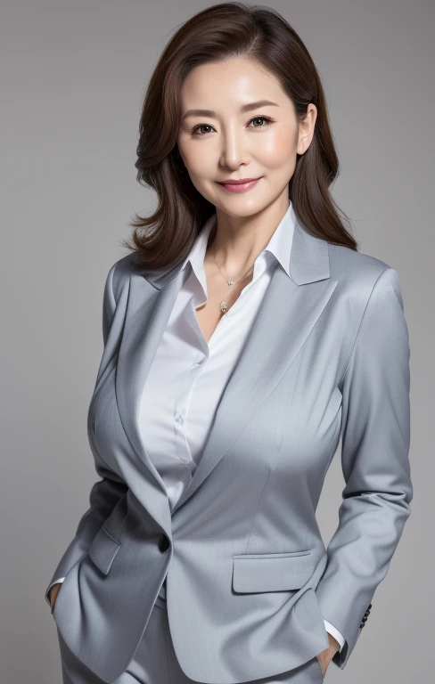 (highest quality,8k,masterpiece),
Portrait of a mature woman,Well deep,Detailed eyes,Detailed face,Smile very beautiful face,Lip gloss,
(Big Breasts 1.8),(Big Butt 1.6),(Big Butt 1.6)
Elegant grey suit, White shirt, 
