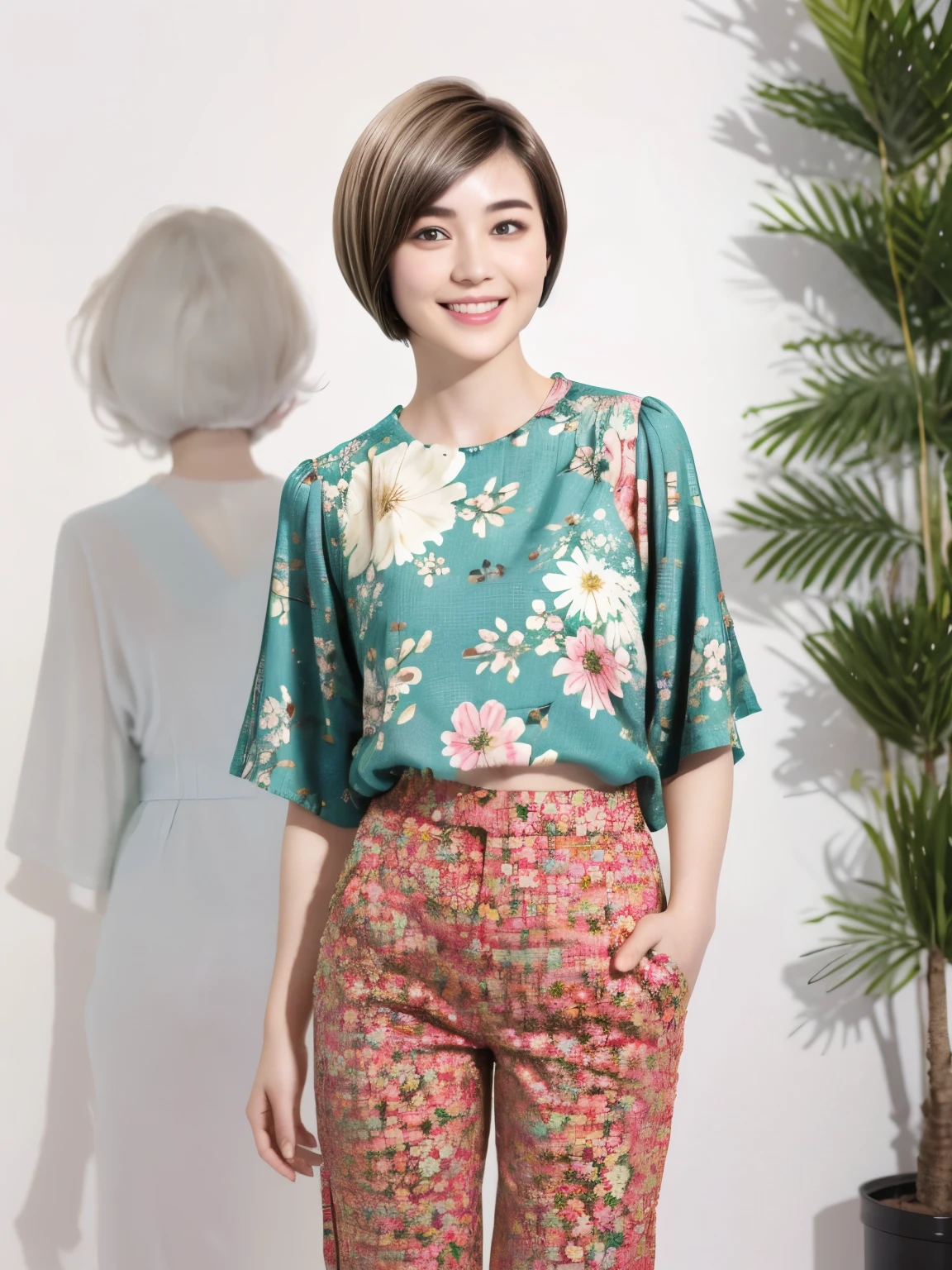 230 (18-year-old female,Floral clothes), ((short hair:1.46)), (Pants Style), (A kind smile)