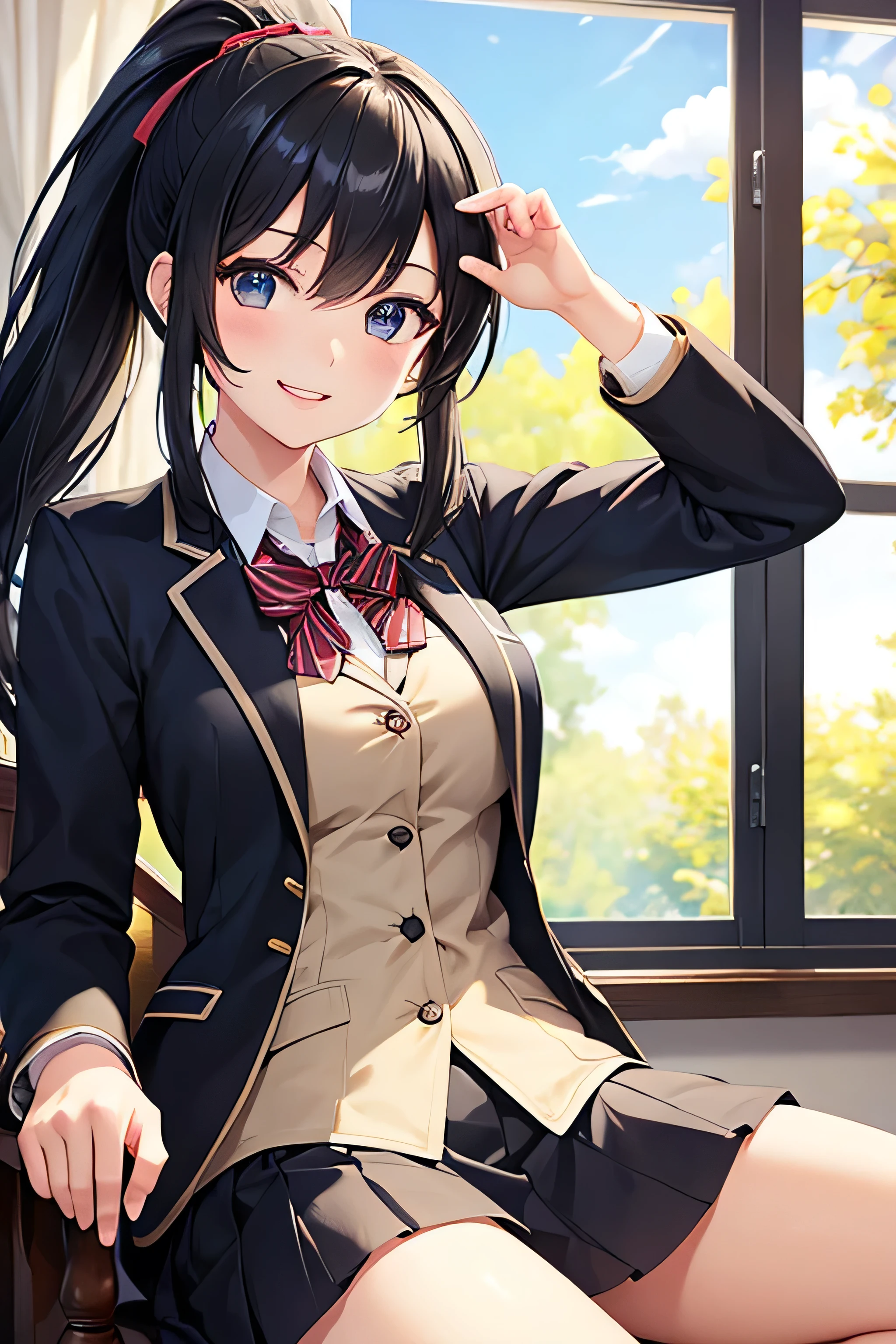 1 girl, Solo, Japanese girl, 12 years old, Best Quality, masutepiece, 8K, High resolution, Ultra-detailed, black hair, center parted bangs, long hair, hair clip, light smile, (junior high school student:1.5, blazer, white collared shirt, bowtie, pleated skirt, dark blue skirt),