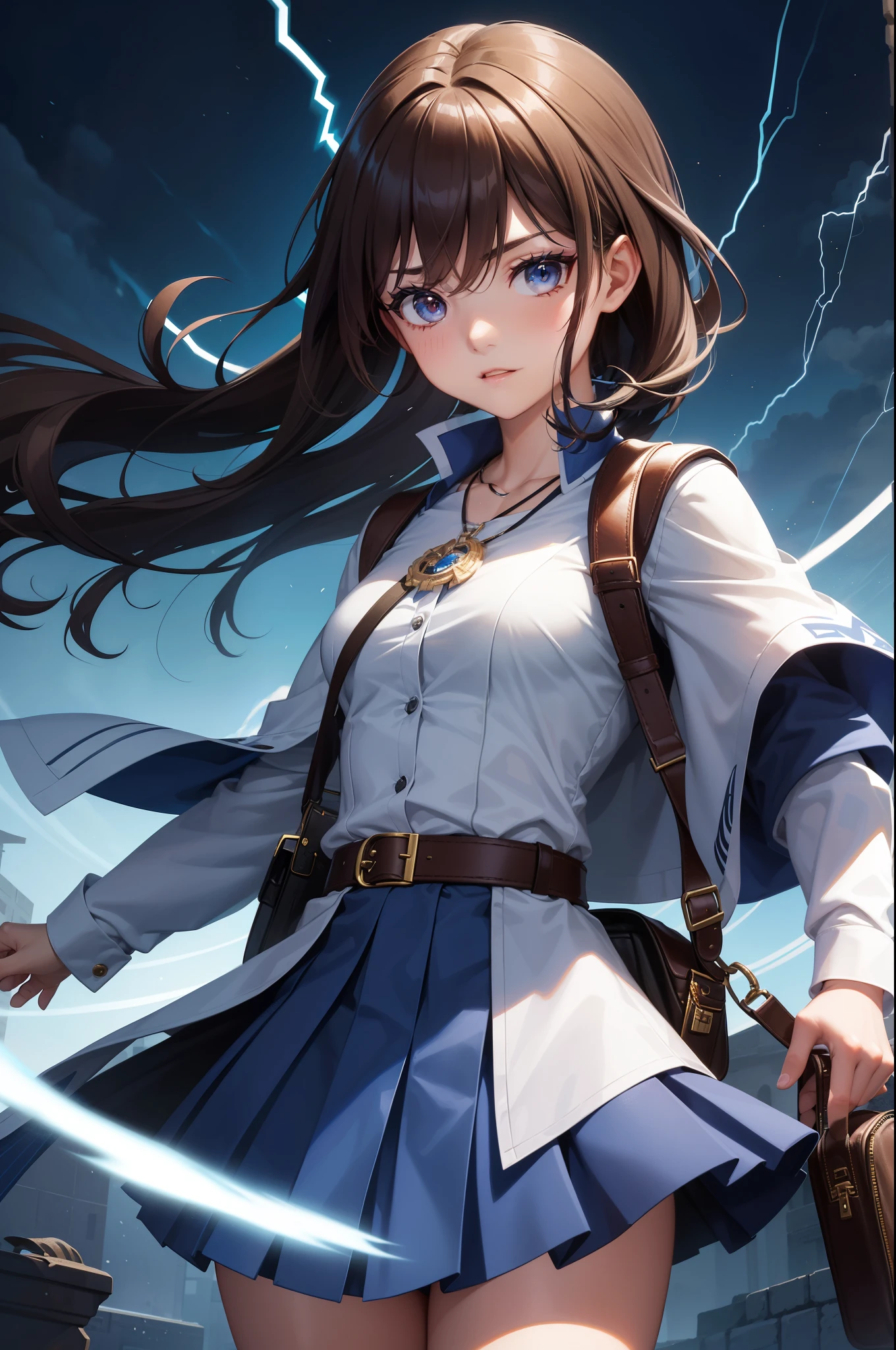 A Spectacular , Astonishingly Vibrant and Youthful:
Blessed with the extraordinary ability to summon lightning and thunder from her palms, she stands out amidst her peers. Small in stature, yet filled with a boundless energy that sets her apart, she is a prodigious student of the School of Magic within the College of Elemental.
Adorned in a regal Naval-blue uniform, complete with a brown school bag slung across her shoulders, she carries her briefcase with an air of authority and resilience. Around her neck, she proudly wears a silver necklace, a symbol of her unwavering dedication to her craft.