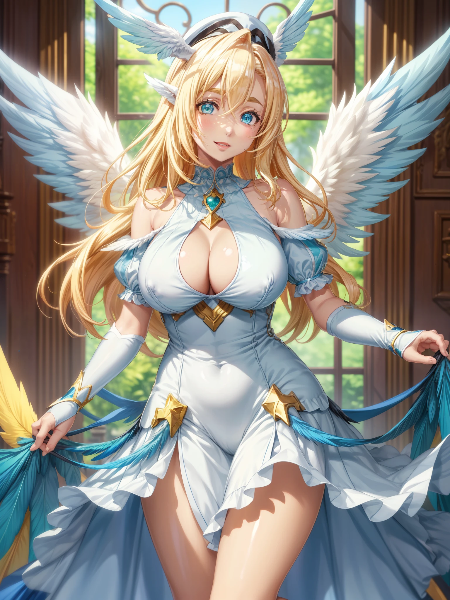 masterpiece、4k、beautiful、detailed、(Volumetric lighting、Dynamic Lighting)、Beautiful girl of anime Dokibird、Blonde Hair、Green Eyes、Captivating eyes、Hair between the eyes、Open your mouth、smile、Proud。Happy V-shaped eyebrows、(Cheeky expression 0.9)(Robat Style:0.9)Hair Ribbon、Blue ribbon、choker、hat、Layered feather dress、Tuxedo、Blue Dress、青いhat、Frills。Fluffy white short sleeve white top。Black spats。(harpy:1.2)Bird-like features。Feathered Wings、(nail)、(Yellow and blue feathers:1.2)(Large gradient wings:1.2)