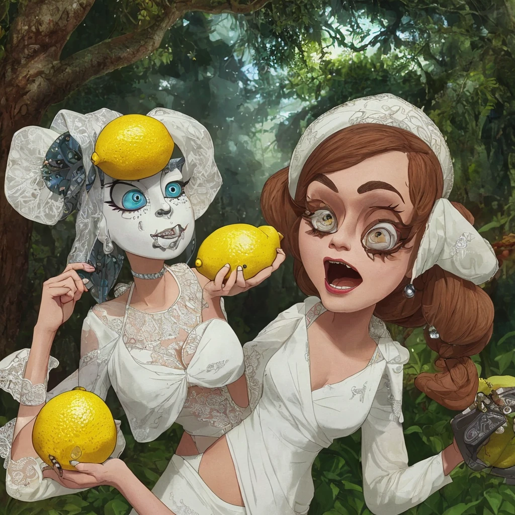 (horror, comedy) (lemon eating challenge) a young woman with beautiful detailed eyes, beautiful detailed lips, extremely detailed eyes and face, long eyelashes, another young woman with beautiful detailed eyes, beautiful detailed lips, extremely detailed eyes and face, long eyelashes, both women in sexy metallic sci-fi bikinis, unhappy expressions(they have just eaten a lemon, mouth puckered) , Jabba the Hutt chuckling and filming, 8k, high quality, photorealistic, cinematic lighting, dramatic colors, science fiction, fantasy, digital painting (show her full body)
