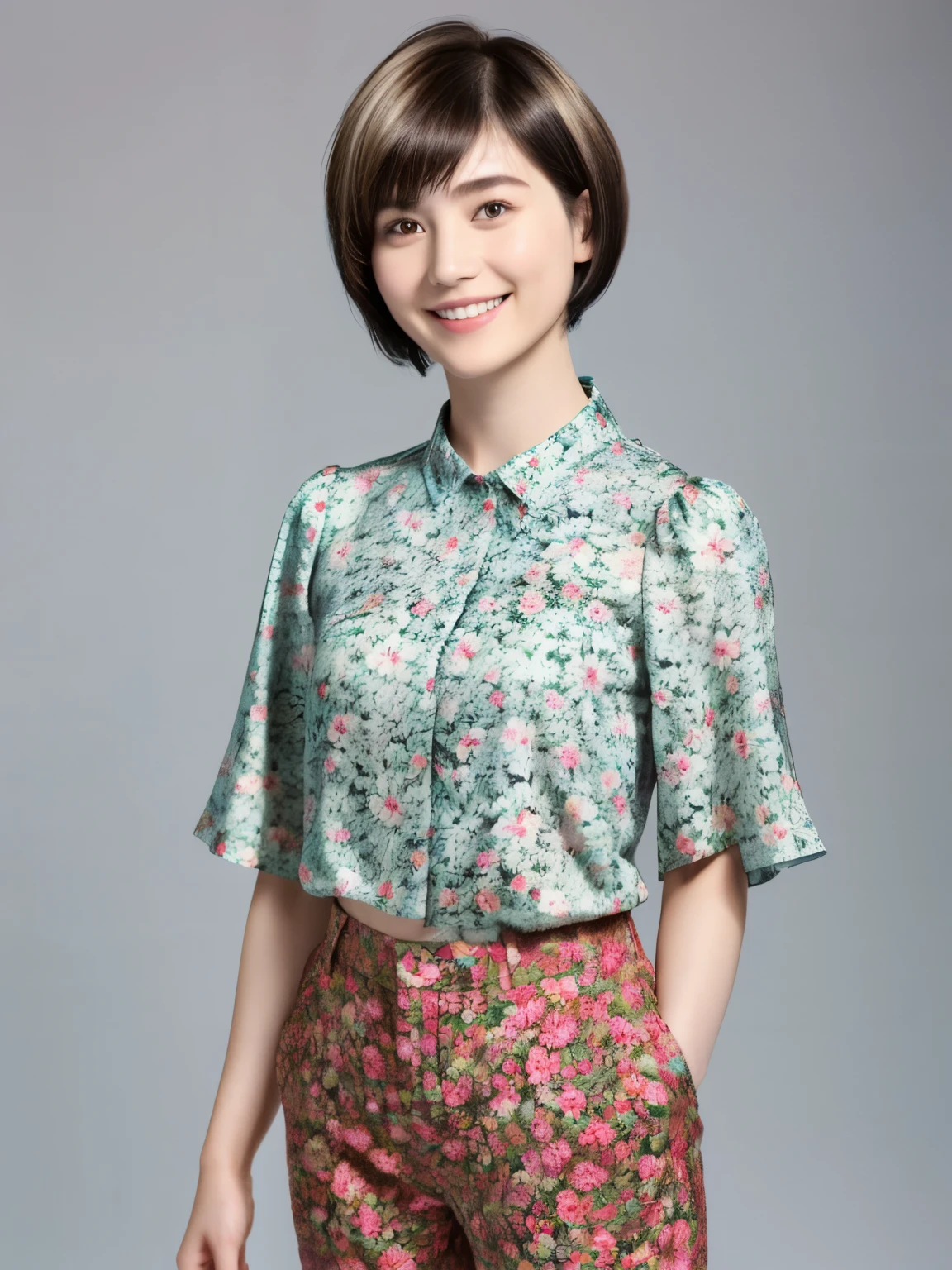 230 (18-year-old female,Floral clothes),  ((short hair:1.46)),  (Pants Style), (A kind smile)