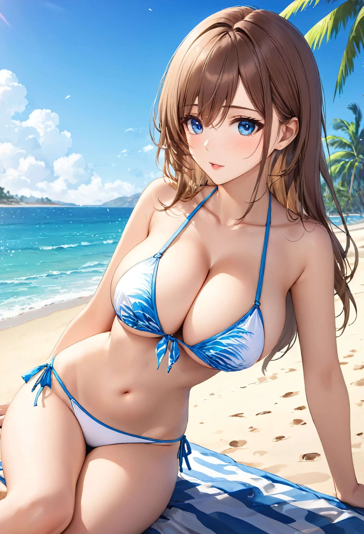 (This is a close-up shot of a young anime girl in a bikini on the beach:1.4),(solo:1.4),(1girl:1.4),(long brown hair:1.3),(blue eyes:1.2),(white bikini top:1.3),(white bikini bottom:1.2),(navel:1.1),(sitting on the beach:1.3),(palm trees in the background:1.2),(ocean in the background:1.2),(blue sky:1.1), (detailed face:1.3),(beautiful detailed eyes:1.3),(slightly parted lips:1.2),(shy embarrassed expression:1.3),(flushed cheeks:1.2),(slender body:1.2),(large breasts:1.3), (masterpiece:1.2),(best quality:1.3),(ultra high res:1.2),(photorealistic:1.1), lora:cuteGirlMix4_v10:0.5,lora:koreanDollLikeness_v15:0.3,