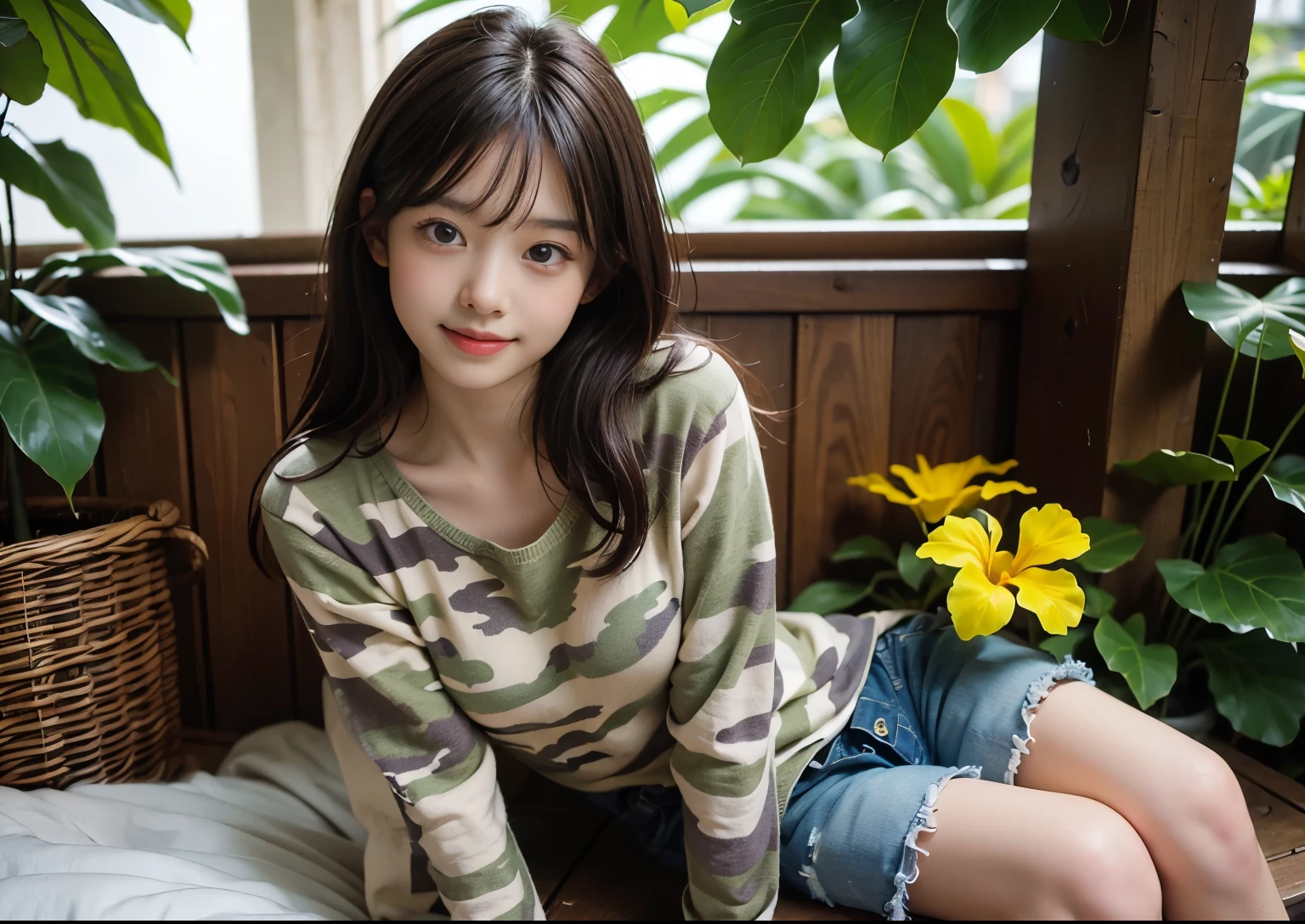 (masterpiece, highest quality, highest quality, Official Art, beautifully、aesthetic:1.2), (Camouflage colort1 girl in shirt and shorts)、Smiling Girl、Big Eyes、Beautiful belly、Long light brown hair with bangs、Very detailed、Green background with tropical flowers、Perfect lighting、Sharp focus、High resolution、High resolution、High color rendering、High resolution、Super realistic、