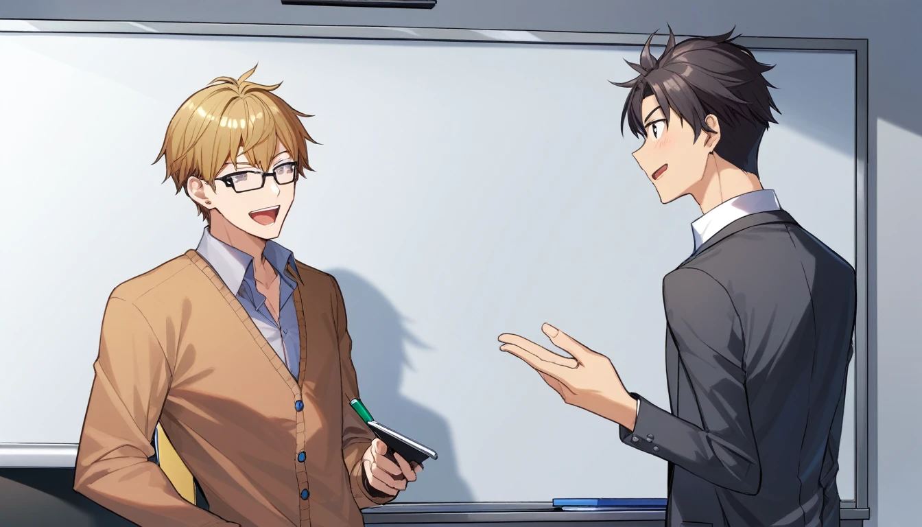 Two male programmers having a discussion in front of a whiteboard。