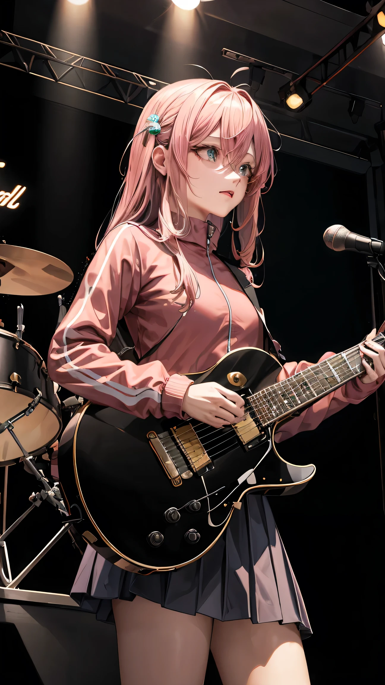 masterpiece, best quality, highres, 1girl, solo, skirt, pink jacket, track jacket, bangs, hair between eyes, long sleeves, stage, holding instrument, guitar, wallpaper, dynamic pose, dramatic lighting, vivid colors, award-winning digital art, breathtaking scenery