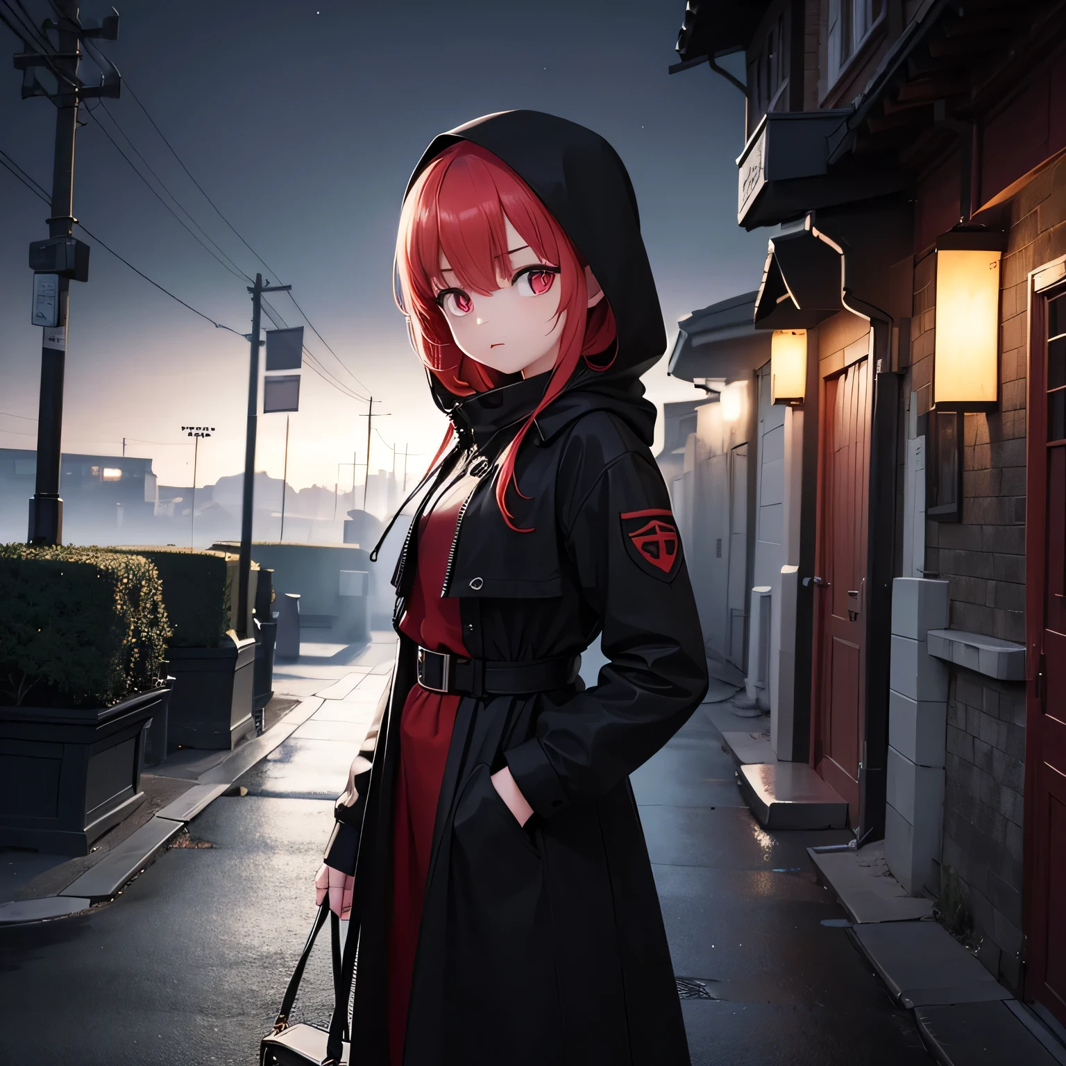 Best quality, realistic, a girl with red hair and detailed eyes and face, lightning bolts around, red glowing eyes, wearing a black dress, with a black overcoat, and a person with a black hood over their head. The scene depicts a huntress inspired by the style of Van Helsing. The background is a dark, mysterious setting with dimly lit streets and fog. The colors are rich and vibrant, with a dark and moody color palette. The lighting is dramatic, casting long shadows and highlighting the girl's determined expression. The overall image should have a cinematic and thrilling atmosphere, capturing the essence of a fierce and skilled huntress in action.