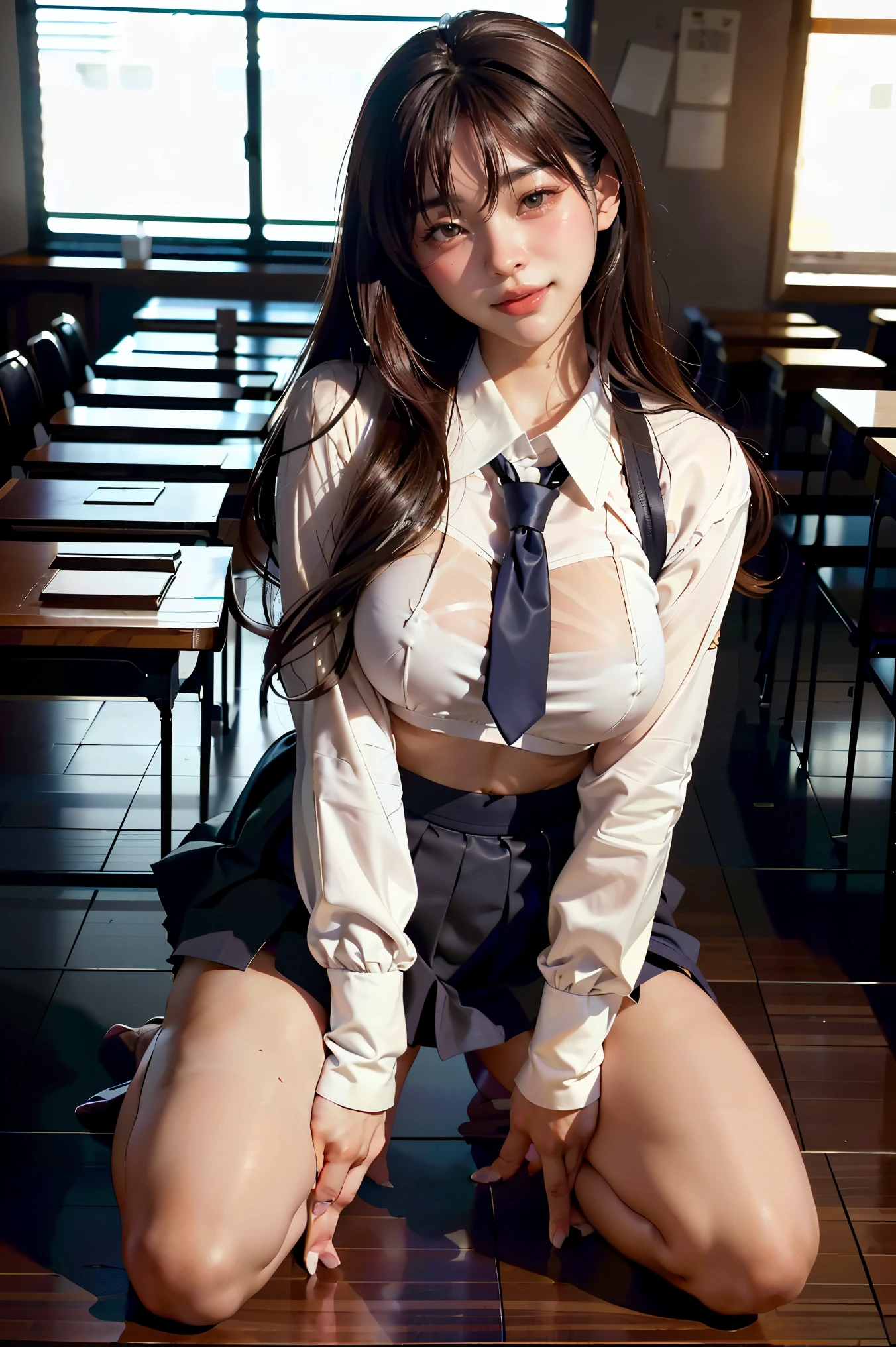 ((japanse beatiful girl:1.3)) ((school uniforms:1.4)) ((panty shot:1.5)) ((high school)),((dark blue skirt:1.3)) ((in the class room:1.3)) ((thin_fabric:1.4)) ((random sexy pose:1.3)) ((sweaty:1.5))((face is flushed:1.4)) ((big breasts:1.4)) ((close-up:1.2)) best quality,masterpiece,ultra high res,(photorealistic:1.4),raw photo,(Authentic skin texture:1.3),(film grain:1.3),panorama,character portrait,very wide shot,narrow waist,cowboy shot,(in the dark, deep shadow, low key, cold light,) night,(()),streaming tears,,dust,Tyndall effect,(expression),1girl,beautiful detailed eyes and face,white jabot,brown eyes,((brown hair:1.2)) ((full body:1.3)) ((smile:1.3))