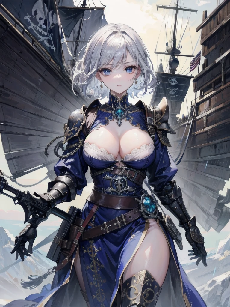 absurdres, RAW photo, extremely delicate and beautiful, masterpiece, Best Quality, ultra high resolution, 32k, hyperrealistic, ultra-detailed, perfect figure, detailed description, pale skin, 20 years old, detailed beautiful face and eyes, tearful mole, earring, short medium hair, wavy hair, full body, a heavily armored pirate, pirate captain, detailed metal armor, intricate pirate clothing, bold colors, highly detailed metal textures, holding a massive anchor,