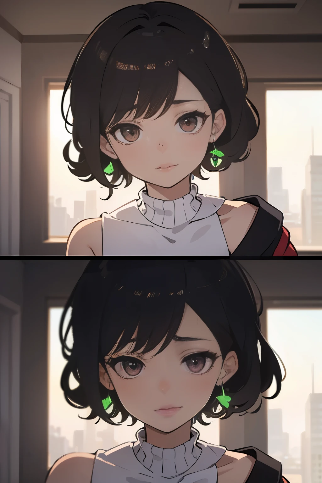 nsfw,Create a highly detailed illustration of a woman with brown curly hair, Expressive brown eyes in a futuristic setting with a 90s anime feel. She wears angora earrings、Wearing neon-colored streetwear. Artwork must be in high quality 8K resolution, Bright focus on her face, Fine grain. Create a unique atmosphere with voluminous lighting、Create a vibrant space。, Contrasting colors. The pose should be dynamic, Capturing the essence of '90s anime. The artwork must be complex and compelling.