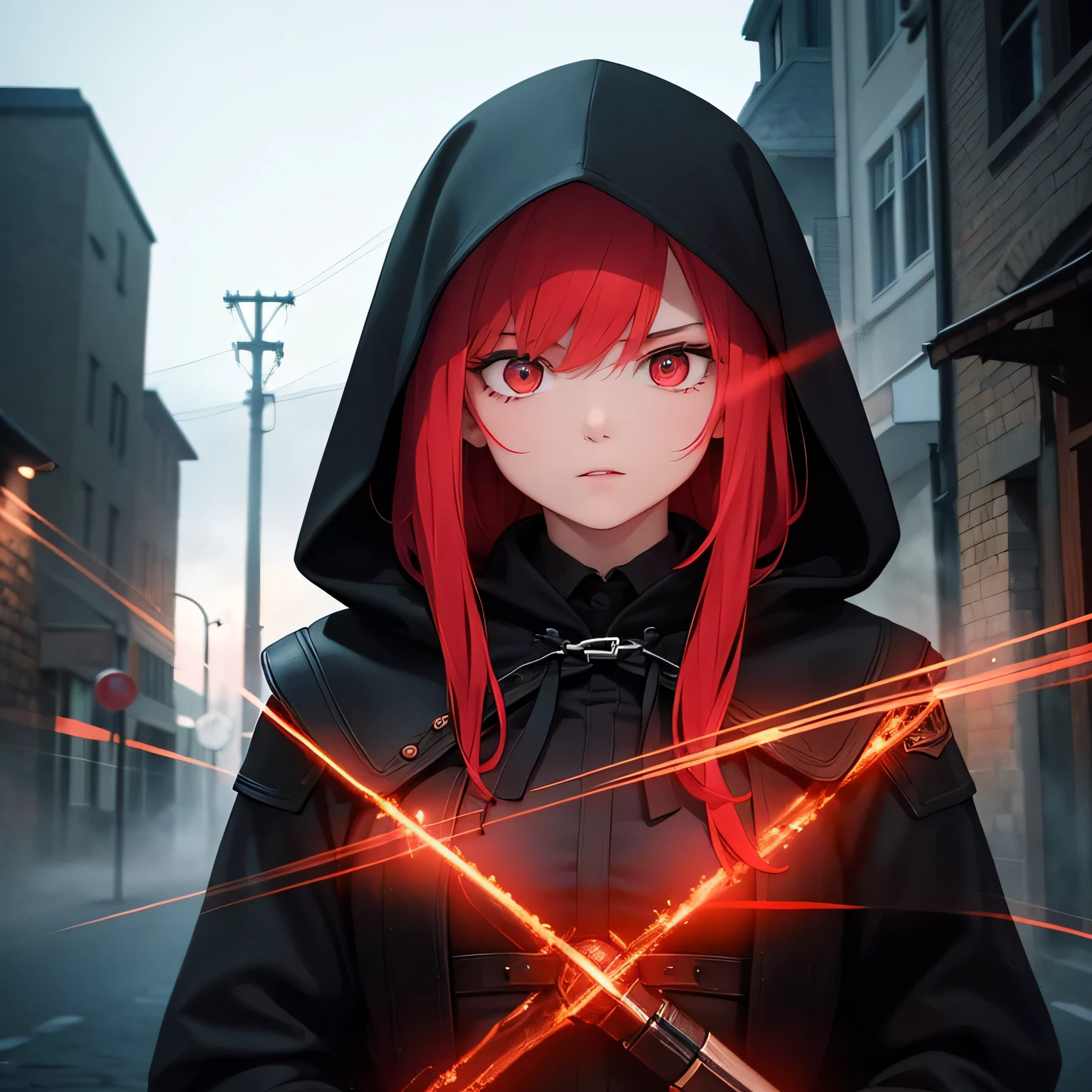 Best quality, realistic, a girl with red hair and detailed eyes and face, lightning bolts around, red glowing eyes, wearing a black dress, with a black overcoat, and a person with a black hood over their head. The scene depicts a huntress inspired by the style of Van Helsing. The background is a dark, mysterious setting with dimly lit streets and fog. The colors are rich and vibrant, with a dark and moody color palette. The lighting is dramatic, casting long shadows and highlighting the girl's determined expression. The overall image should have a cinematic and thrilling atmosphere, capturing the essence of a fierce and skilled huntress in action.