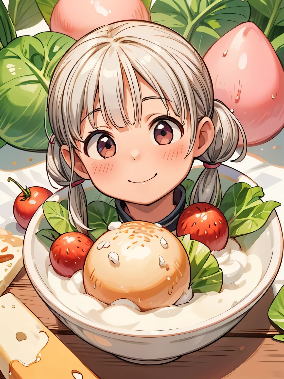 (masterpiece、highest quality、highest quality、Official Art、Beautiful and beautiful:1.2)、(One girl:1.3)Hatsune Miku、Twin tails,Big Breasts,(highest quality,High resolution,Super detailed),hamburgerをfoodべている, Short silver bob hair tied in a bun with a hair clip、big round pink eyes、smile、smile、, hamburger, cup, lettuce, fruit, tomato, Onion, bowl, Bokeh Background, food, closeup at the food, Still Life, Blurred, Depth of written boundary, vegetables, cheese