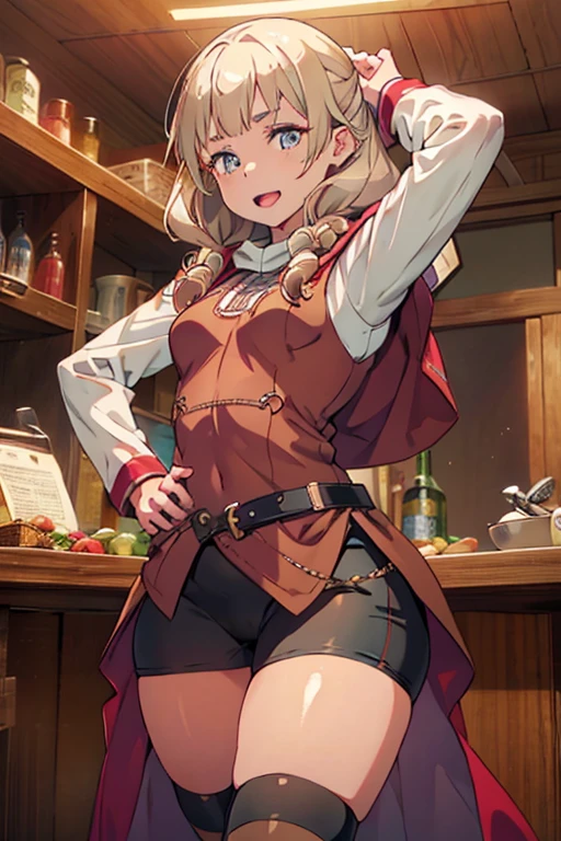 masterpiece, a girl 19 years old, sparrow, a silver blonde haired girl, wearing a brown viking clothes, curly medium hair, messy hair, slim body, wearing furry capelet with hoody, girl close her left eye, shirt ornament, aqua eyes, sho show her back, ahoge, red vest, baby face, small breast, beautiful breasts, rounded breasts, braid hair, long sleeves, beautiful eyes, white stocking, droopy eyes, smile, ancient viking , looking at viewer, open mouth, 