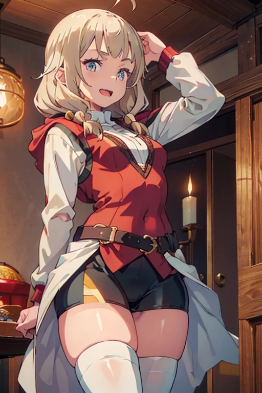 masterpiece, a girl 19 years old, sparrow, a silver blonde haired girl, wearing a brown viking clothes, curly medium hair, messy hair, slim body, wearing furry capelet with hoody, girl close her left eye, shirt ornament, aqua eyes, sho show her back, ahoge, red vest, baby face, small breast, beautiful breasts, rounded breasts, braid hair, long sleeves, beautiful eyes, white stocking, droopy eyes, smile, ancient viking , looking at viewer, open mouth, 