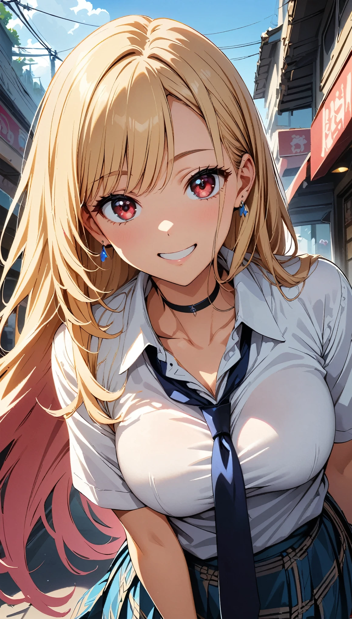 (highest quality:1.2, Anime artwork, Very detailed, High Detail, digital coloring, High Contrast, masterpiece:1.2, highest quality, Best aesthetics), (((kitagawa marin, 1 girl))), Blonde Hair, Straight long hair, Pink gradient hair, Red eyes, Earrings, White shirt, Black choker, Blue tie, Checked skirt, smile, slouch, Looking up, Cowboy Shot, Wide-angle lens, bustling street,