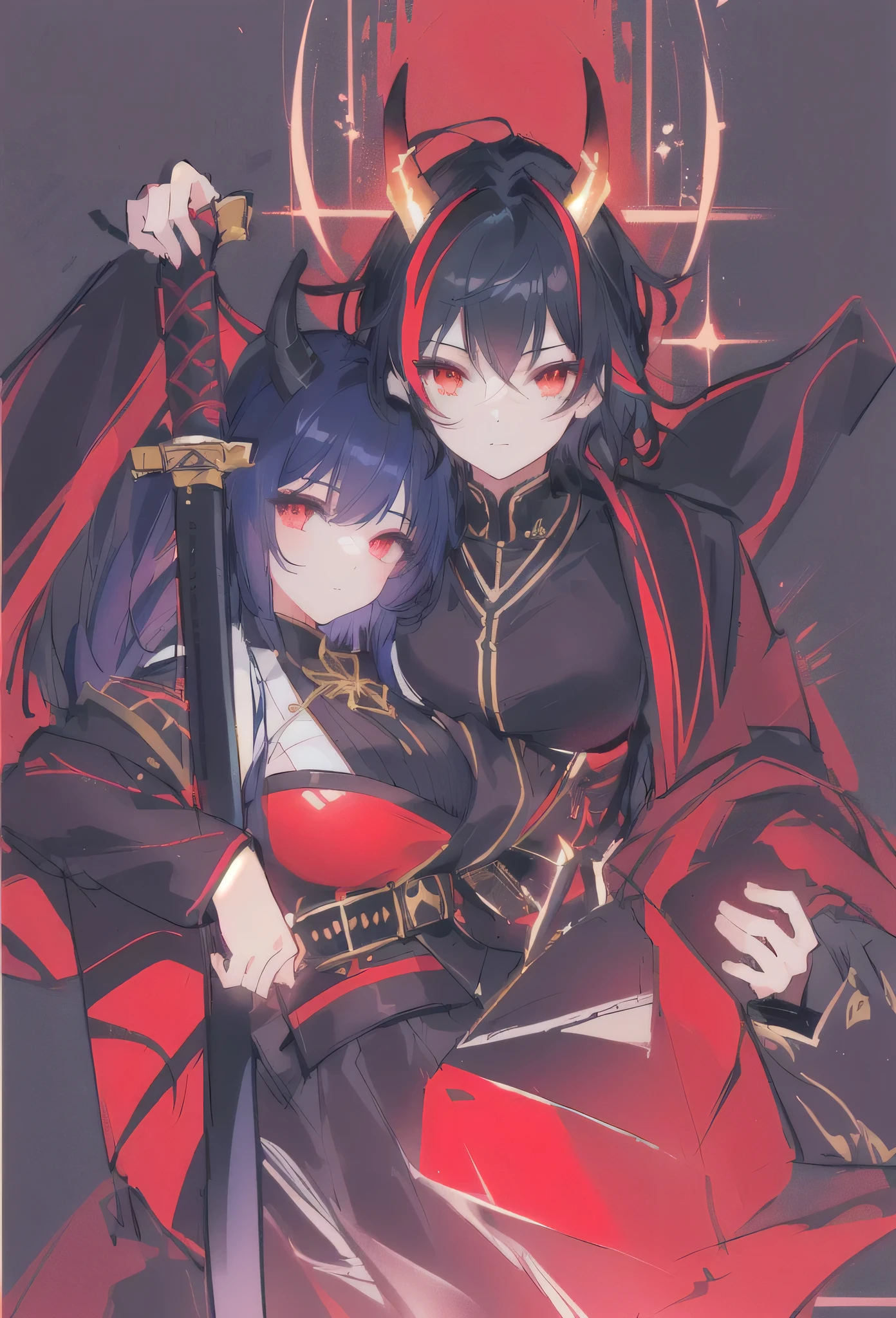 a drawing of a couple of anime characters hugging each other, (masterpiece, best quality, ultra-detailed, best shadow), (detailed background,dark fantasy), (beautiful detailed face), high contrast, (best illumination, an extremely delicate and beautiful), ((cinematic light)), colorful, hyper detail, dramatic light, intricate details, ,blackhair,, sword, katana, horn devil, red glow eyes,skirt, they are , 13 age,