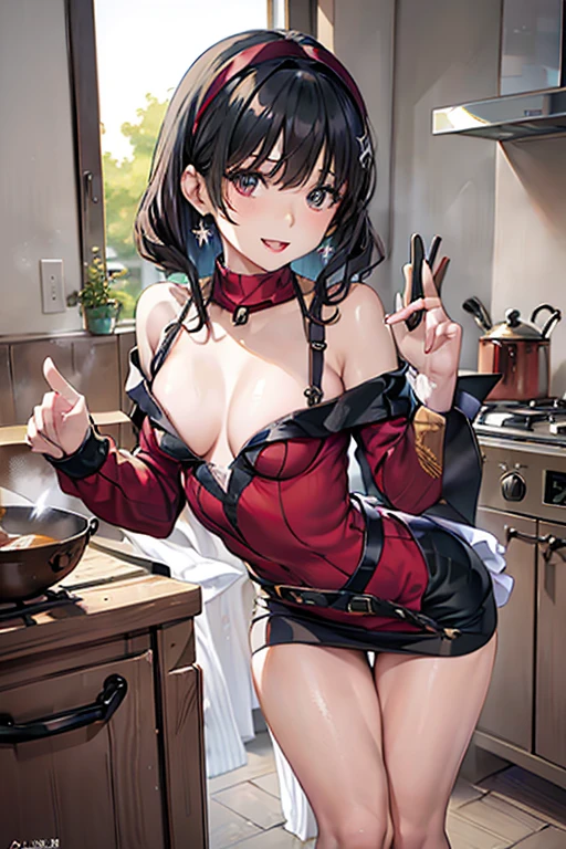 (dynamic angle:1.3, front view:1.1, focus:1.3, from below:1.2), (dynamic posing:1.5, sexy png:1.3, leaning forward), (seductive smiling:1.3),masterpiece, a girl, (pointed chest:1.3), cleavage:ble breasted:1.2,unde:1.2), Amazing Cleavage:1.3, thin waisass, Raised sexy, (small breast.3),posed clage:1.2、solo,ng at viewer, open ave a grass beergrass,black hair, blue eyes, bare shoulders, jewelry, collarbone, sidelocks, hairband, earrings, indoors, (red off shoulder,long sweater dress:1.4), arms behind back, short hair with long locks, blue white hairband, big side hair, very long side hair is rendered in (masterpiece: 1.2, best quality), with (ultra high resolution) and an exquisite (depth of field). This masterpiece is not only visually stunning but also tells,A scene of cooking in the kitchen