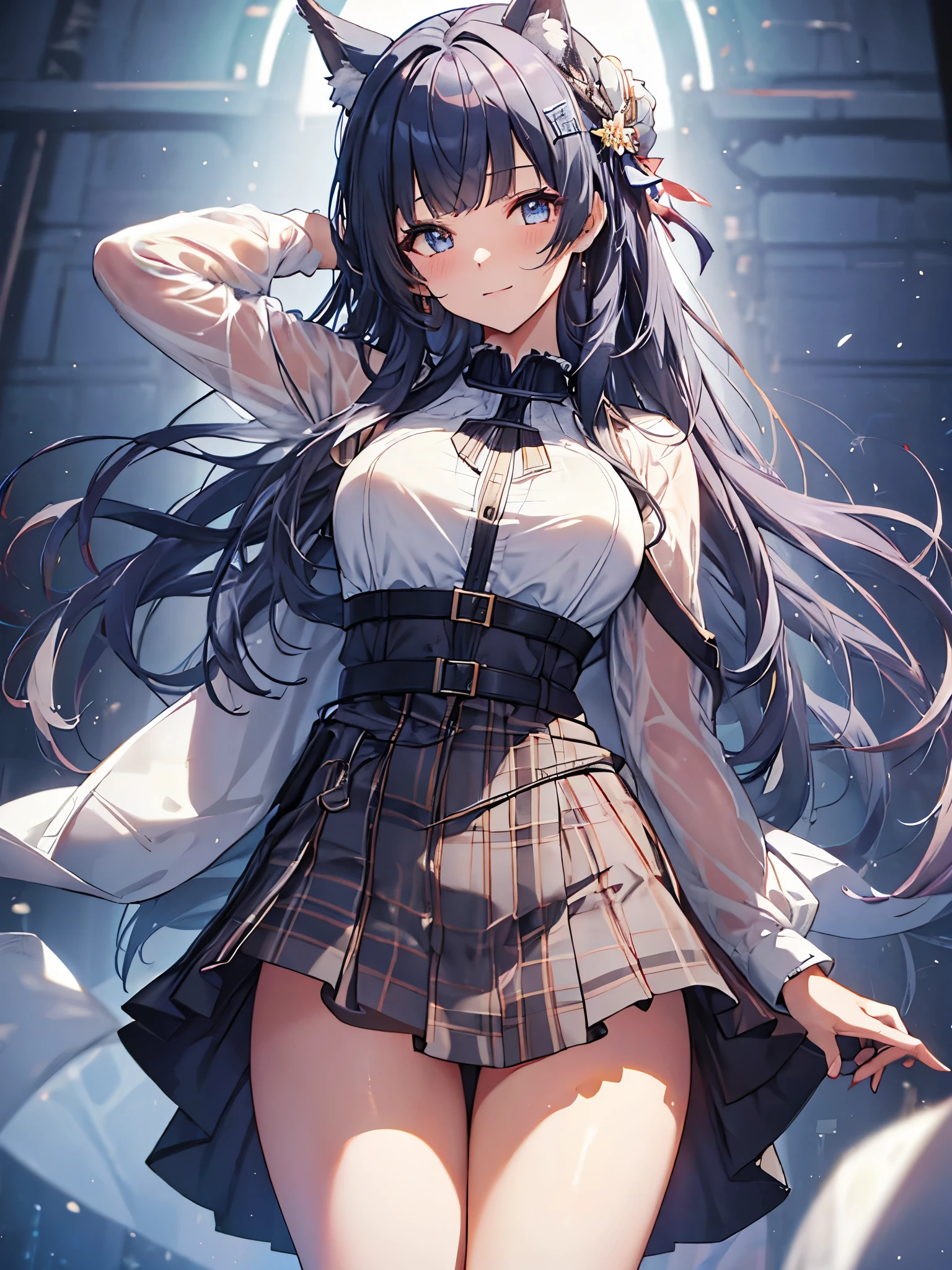 Ultra HD、((masterpiece))、((highest quality))、((Super Resolution))、(Very beautiful and detailed)、Official Art、24k、Very detailed、Sharp focus、Very simple background、Smooth anime CG art、Azur Lane Style、Girls Frontline Style、Cute Girl Anime Visual、photo shoot:1.55、Less exposure of the body:1.3、Close to the audience:1.3、View your viewers、The straight line distance between her and the viewer is 40cm..)、Light from above at an angle、Soft Light、one person:1.3、young woman、 Ideal body type、Perfect waist、Big Breasts、Bust 87、White skin、Bright makeup、Wolf Ears、High Ponytail、Dark blue hair、Hair that shines in natural light、Messy Hair、Ahoge、hair ornaments、Long eyelashes、Clear bright blue eyes、Shining Eyes、Glowing Eyes、gray theme、A simple white t-shirt、Plaid、skirt、belt、No bra、No pants、No underwear、blush、sexual excitement、Wet、sexy:1.3、sexyポーズを決める、very cute、smile、Engage your audience