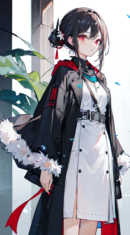 "A stunning mature woman with flowing white hair tied to the side, Sharp, glowing red eyes, Wearing the white desert cloak, Standing on a vast sand dune."