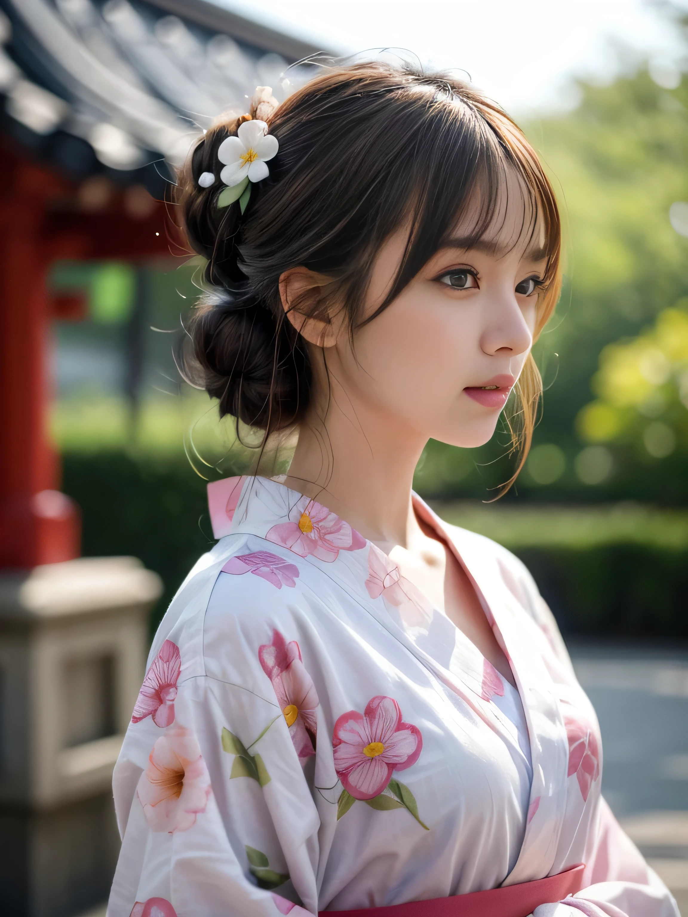 19 years old child, (wearing a pink yukata:1.2), (The yukata has flower-patterns on it:1.2), big round breast, ((updo hairstyle, Dark blonde hair, wavy hair, long hair, asymmetric bangs:1.2)), (happy:1.3), (blush:1.3), (photorealistic:1.2), (ultra realistic:1.3), (very detailed:1.1), ((masterpiece)), depth of field, Fushimi Inari Taisha, (looking at viewer)
