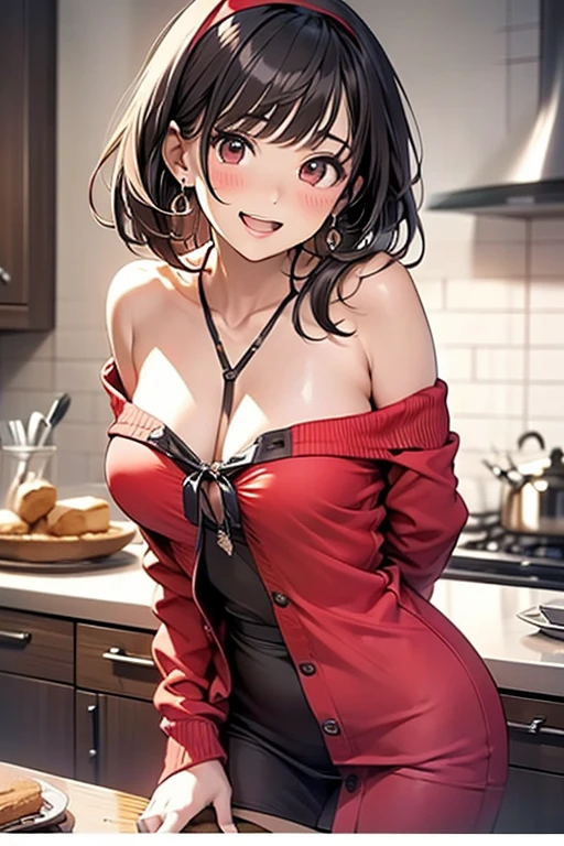 masterpiece, 1girl, Amazing Cleavage:1.3, thin waist, big ass, Raised sexy, medium breast:1.3,posed cleavage:1.2,solo, looking at viewer, open mouth, have a cup of coffee,black hair, red eyes, dress, bare shoulders, jewelry, collarbone, sidelocks, hairband, earrings, indoors, off shoulder, :o, sweater, arms behind back, plant, short hair with long locks, white hairband, off-shoulder dress, sweater dress, off-shoulder sweater, red sweater, big side hair, very long side hair,is rendered in (masterpiece: 1.2, best quality), with (ultra high resolution) and an exquisite (depth of field). This masterpiece is not only visually stunning but also tells, make of cooking some cakes ,in the kitchen 