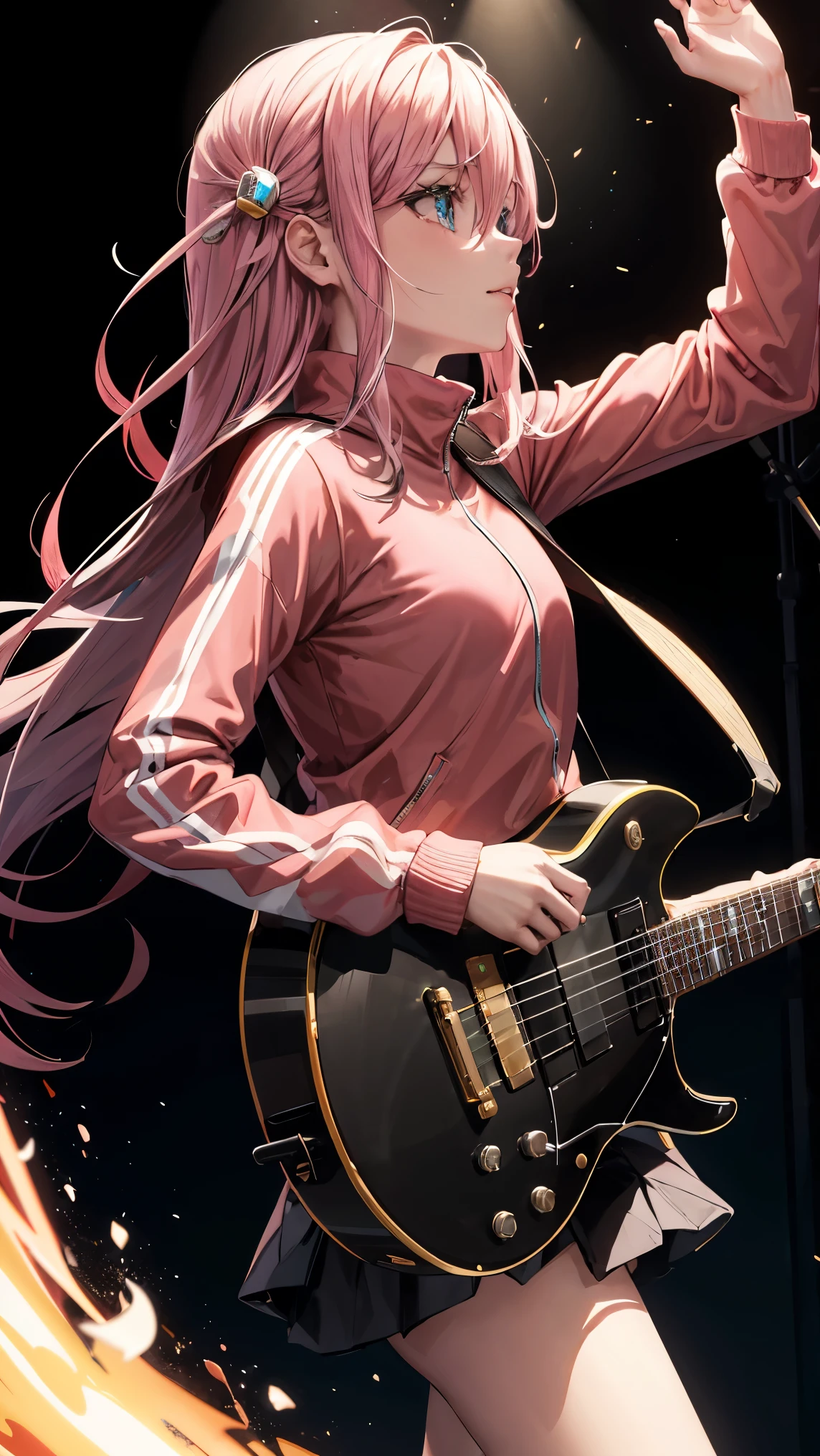 masterpiece, best quality, highres, 1girl, solo, skirt, pink jacket, track jacket, bangs, hair between eyes, long sleeves, stage, holding instrument, guitar, wallpaper, dynamic pose, dramatic lighting, vivid colors, award-winning digital art, breathtaking scenery