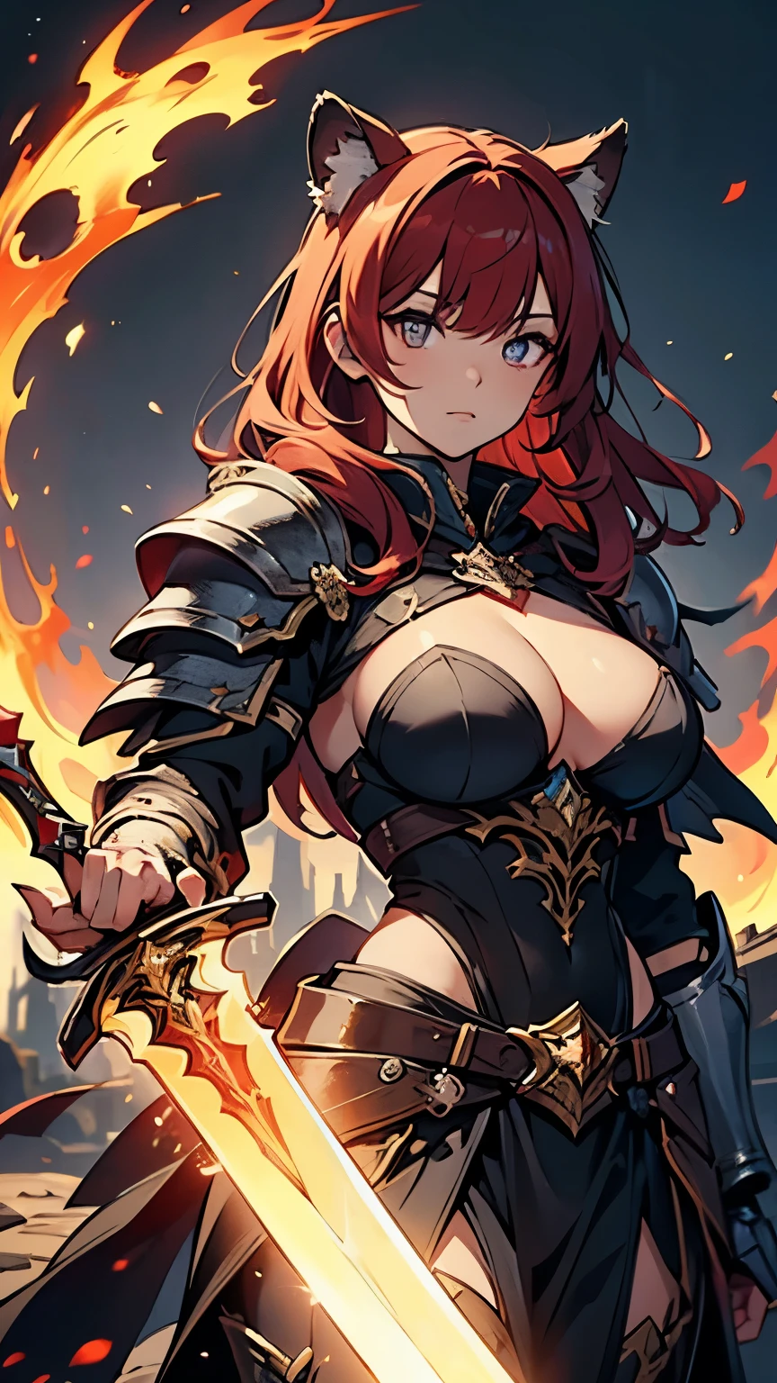 ((best quality)), ((masterpiece)), (detailed), perfect face, Highly detailed face, detailed eyes, (looking at viewer:1.2), (red hair), bangs, ((hair over shoulder)), floating hair, raccoon ears, The armor worn by medieval Western knights, the shiny design, the toned waist, the fantasy novels, the powerful gaze, ((she holds a long, huge sword that shines red)), fantasy art, bloody armor, burning ruins, flat chest