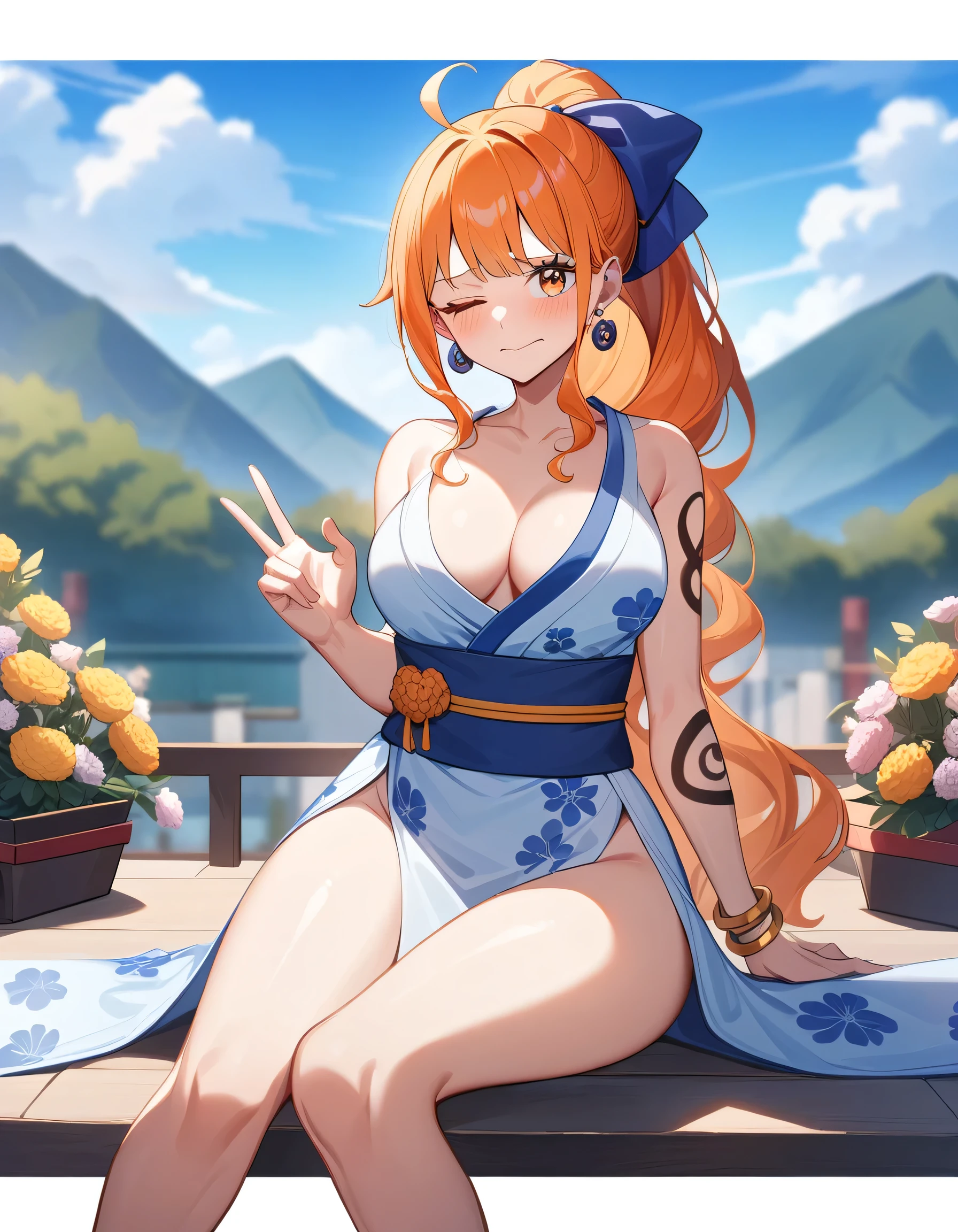 2D, masterpiece, highest quality, anime, Highly detailed face, Highly detailed background, Perfect lighting, here, we, one piece , One girl, alone, Close one eye, Long Hair, Embarrassed face, jewelry, sash, naked,，Thighs,Beautiful feet，heart, Orange Hair, kimono, bow, light blue kimono, flower, flower print, Earrings, View Viewer, No sleeve kimono, Ahoge, ribbon, hair bow, null, Day, bracelet, No sleeve, ;\), blue bow, Outdoor, chest, cloud, Mouth closed, ponytail, blue null, Brown eyes, Orange eyes, Left shoulder tattoo, Exposing shoulders, very Long Hair, Side Lock, bangs, clavicle, Upper Body, Tattoo on left arm, Naked arms, official Alternative costume, Blurred, Hand gestures, Alternative costume, Big chest, Blurred background, large chest, eyelash, Mountain, Parody, cloudy null, Sitting, Shiny Hair, Bangles, Wavy Hair, 