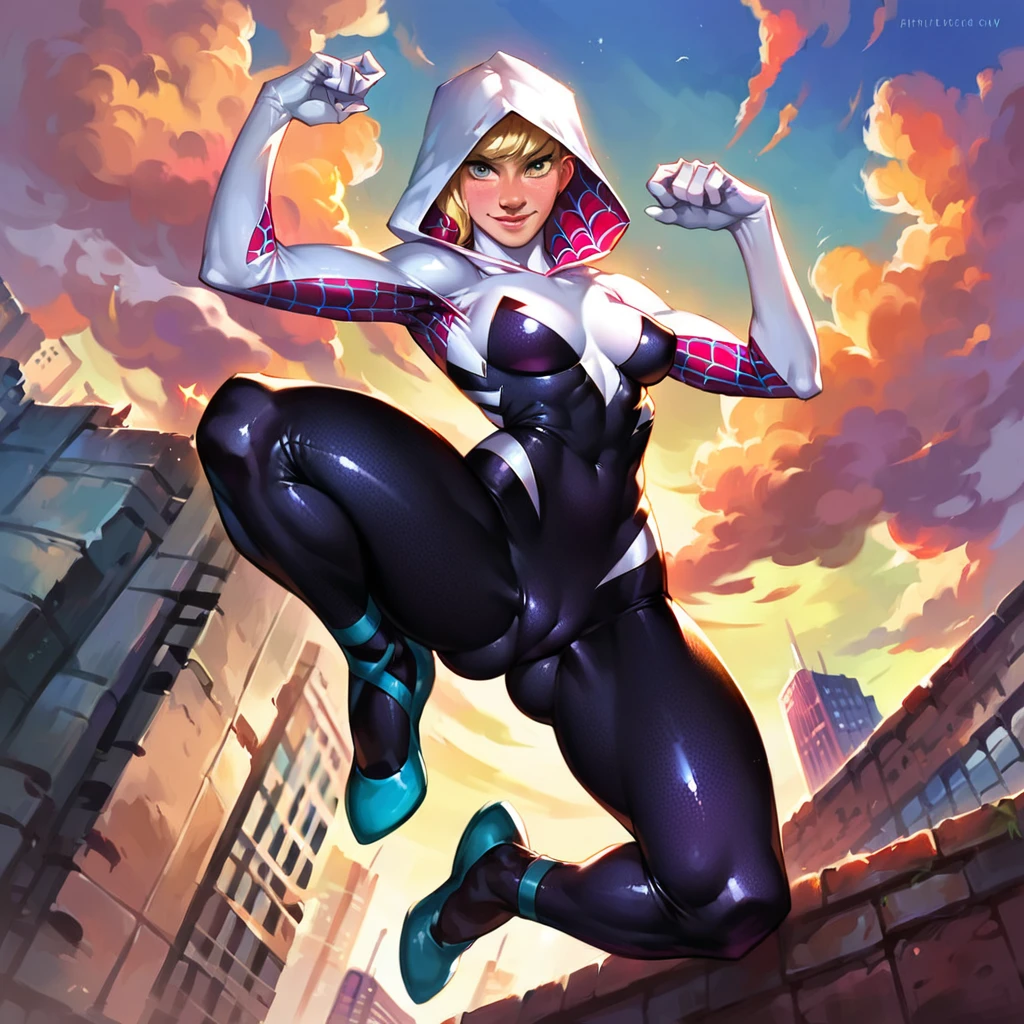 score_9, score_8_up, score_7_up, score_6_up, score_5_up, (high quality, detailed, beautiful), detailed soft lighting, rating_explicit, 1girl, Gwen Stacy, city rooftop, superhero poses, cameltoe, beautiful eyes, eyes open, smiling, Spider Gwen suit, SFW, no nudity.