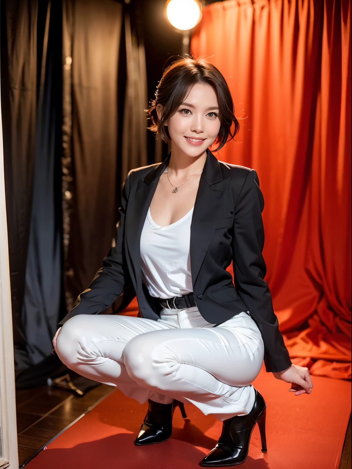 (RAW Photos:1.2), (Realistic:1.4),Beautiful and detailed one woman,Very detailed eyes and face, Very detailed,High resolution, Very detailed,highest quality,Unified,8k,masterpiece,highest quality,1 female,whole body,(Standard body type:1.2),Toned figure,Thick legs,Slim waist,alone、(Black Top Hat)、(Black jacket)、(white skinny pants)、(Red ruffled shirt)、Britney Spears、(Knee-high boots:1.2),Jewelry Necklace Short Hair,(smile:1.2)、A dignified atmosphere,black eye,Realistic, (Shot in a photo studio:1.4)、(Are standing:1.2)、(Age 34、Japanese)