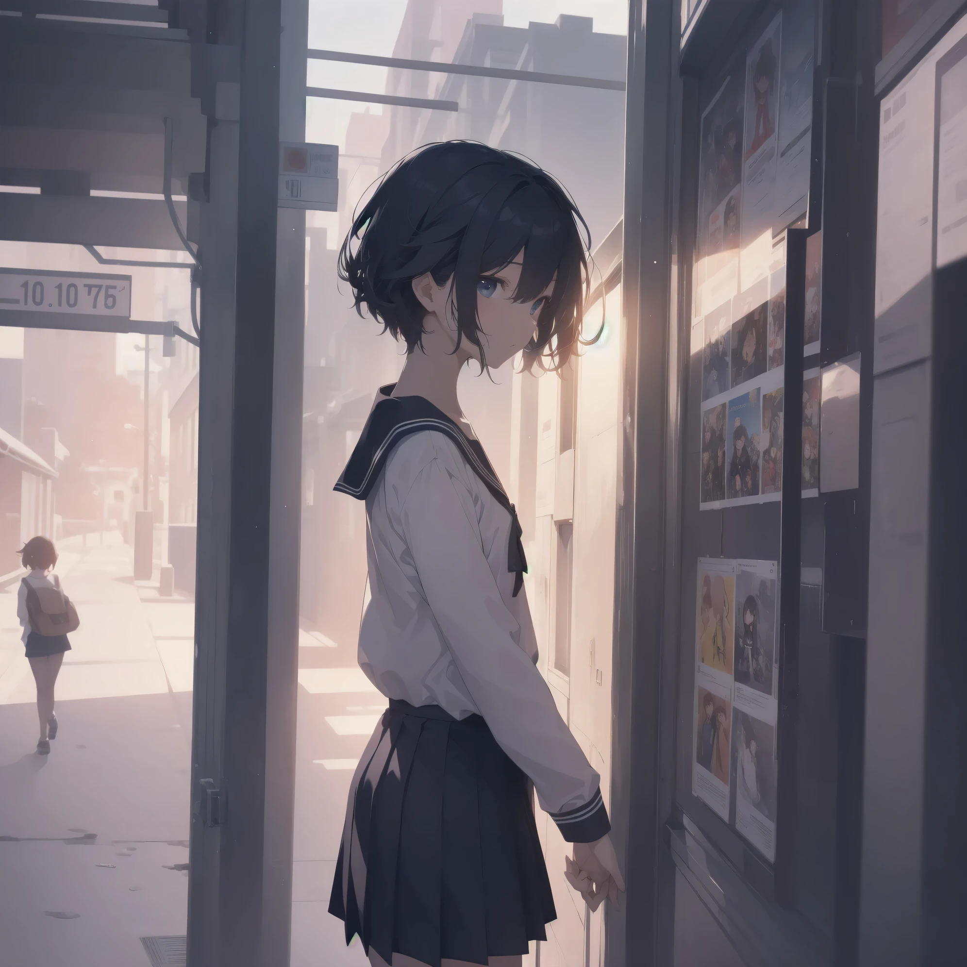 ultra-absurdres-Top quality by artist God, ultra-detailed, high resolution, anime moe artstyle, best anime 8k konachan wallpaper, pixiv contest winner, pool:2810, perfect anatomy,break, 1girl, (Please draw a girl walking sleepily to school alone. )break,(Solo,little female, 13-year-old:1.3),Full limbs, complete fingers,a junior high school student, (very short hair), short cut, flat chest, , small butt, small black eyes, beautiful detailed eyes, well-proportioned iris and pupils, expressive eyes, highres detailed hair, soft expression, salor school_uniform, sailor collar, serahuku, bow, pleated skirt,(Detailed Lighting), (Detailed background), in the School commute route. break,super detailed skin, Best cinematic lighting powered by famous artist, 8k,beauty illustration,photoshop_(medium),very aesthetic,break,((artist:m-da_s-tarou )), artist:clamp ,artist:carnelian ,artist:kantoku ,
