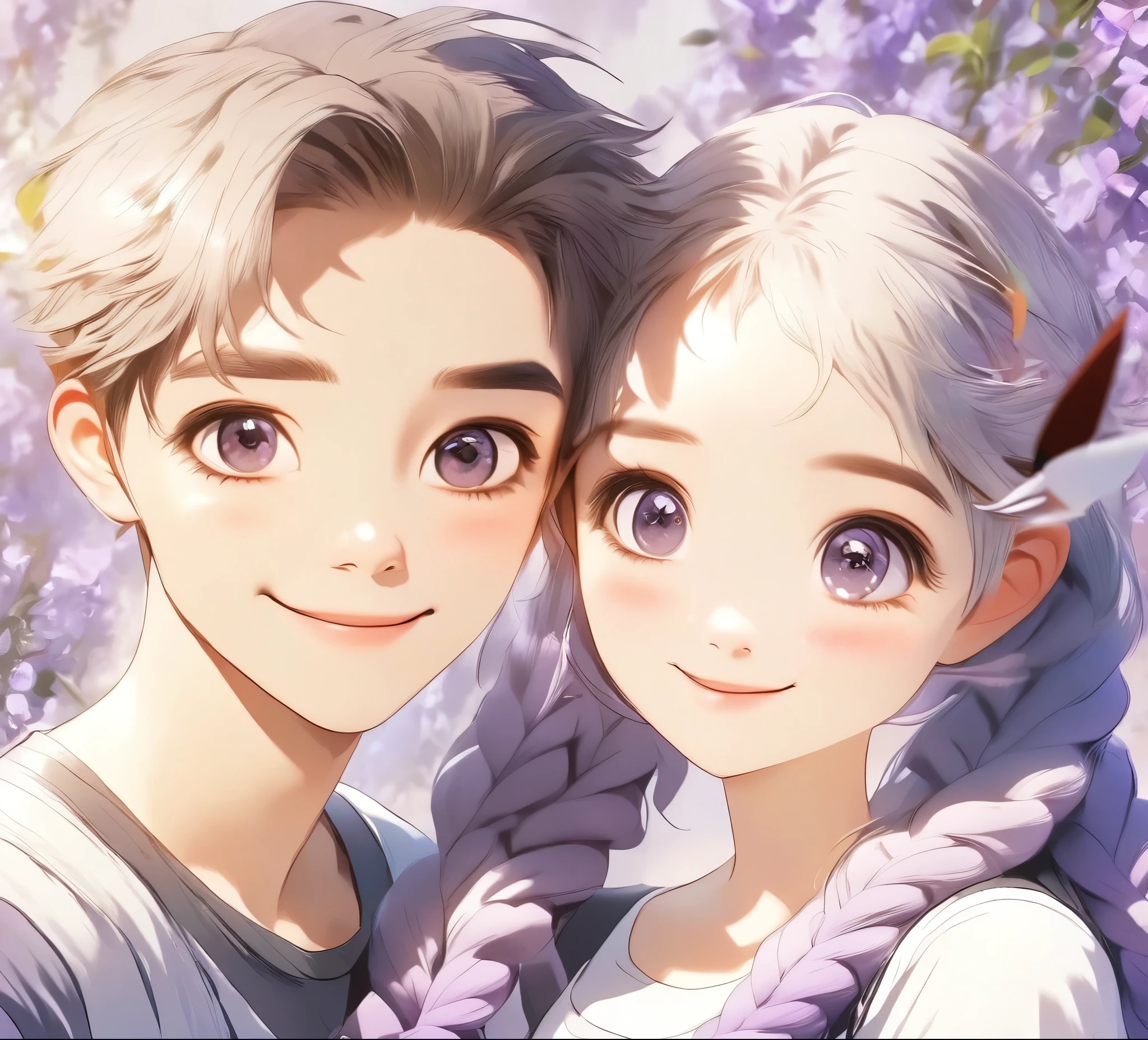 1 boy,A girl with purple and white gradient double braids and a long ponytail,,young,Full of energy,nature,Sunny meadow background,Smiley Face,eye contact,tender emotions,Sweet atmosphere,illustration,Soft colors,best quality,4k,8K,high resolution,masterpiece:1.2,Very detailed,actual,photoactual:1.37,Studio Lighting,professional,Soft Focus,Vibrant colors,Luminous lighting