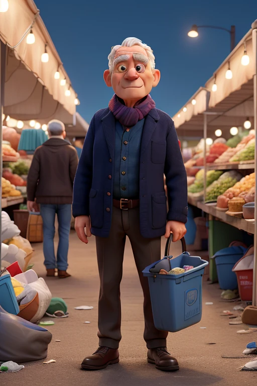 A man of approximately 57 years old who makes his living by recycling his clothes from the garbage must be a little old. He has blue pants and a slightly wide black jacket and a black jacket and a lead scarf with black lines. He has one shoe. a little old man in black, his expression is exhausted, he is in a market at night searching through the pile of garbage with his tricycle.