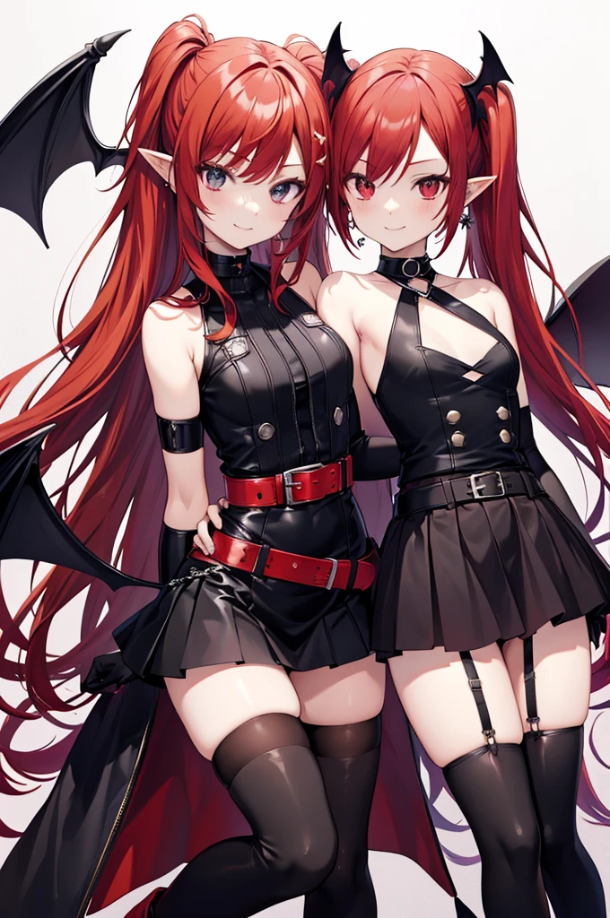 Red hair and black leather outfit、Anime girl with flowers in her hair、Etna,Redhead,Twin tails,Pointed Ears, Wicked Smile, gloves,jewelry,choker,Knee socks,black elbow gloves,belt,mini skirt,boots,Exposing shoulders,abdomen,good,Skull Earrings,Small bat wings on the upper back,Devil&#39;s Tail, Are standing, Upper Body, High resolution, Absurd, Disgaea,