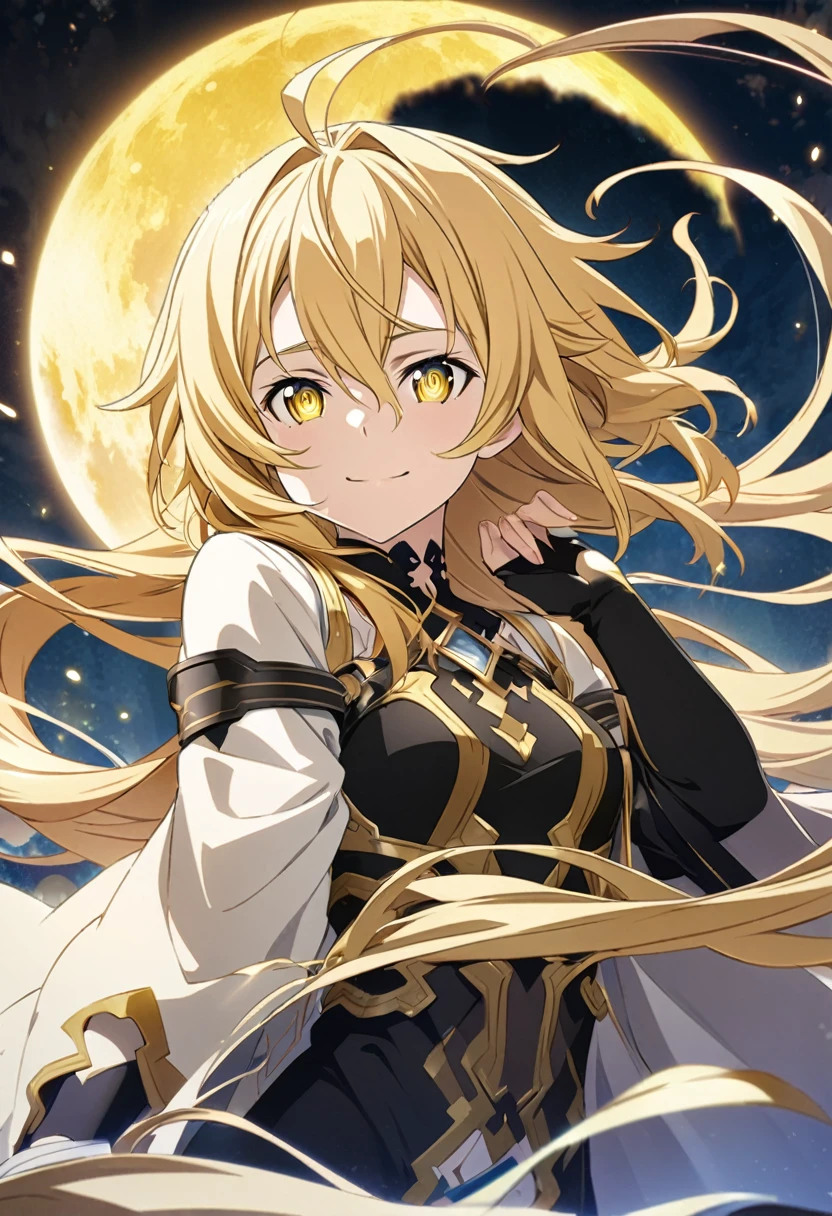 Hyakuya Mikaela \(Sword Art Online\), long golden hair, glowing gold eyes:1.2, black costume, bangs, gentle smile, ((ultra-detailed)), ((illustration)), ((flowing hair)), (beautiful detailed eyes), female, flying, ((gold moon)), looking at viewer