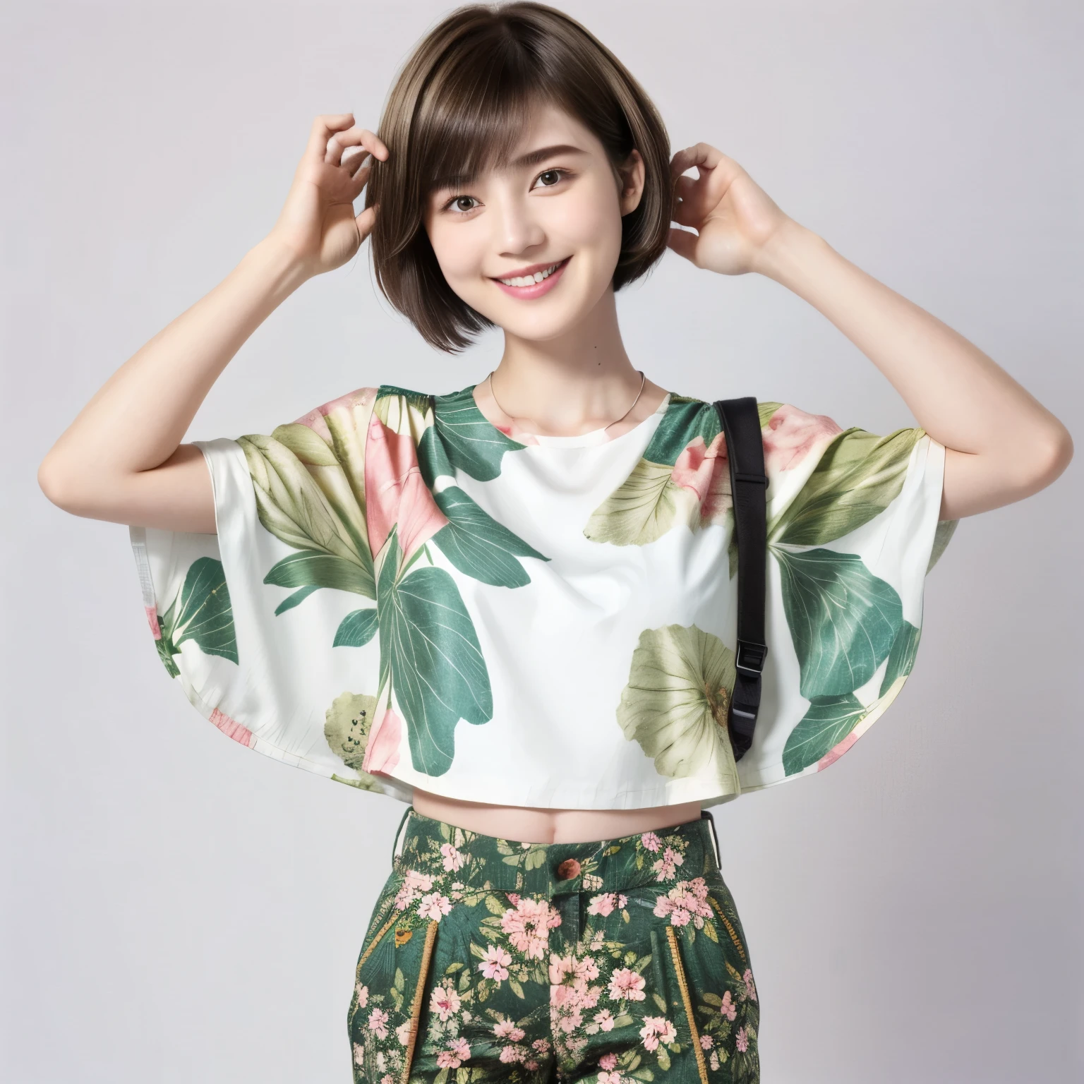 230 (18-year-old female,Floral clothes), ((short hair:1.46)), (Pants Style), (A kind smile)